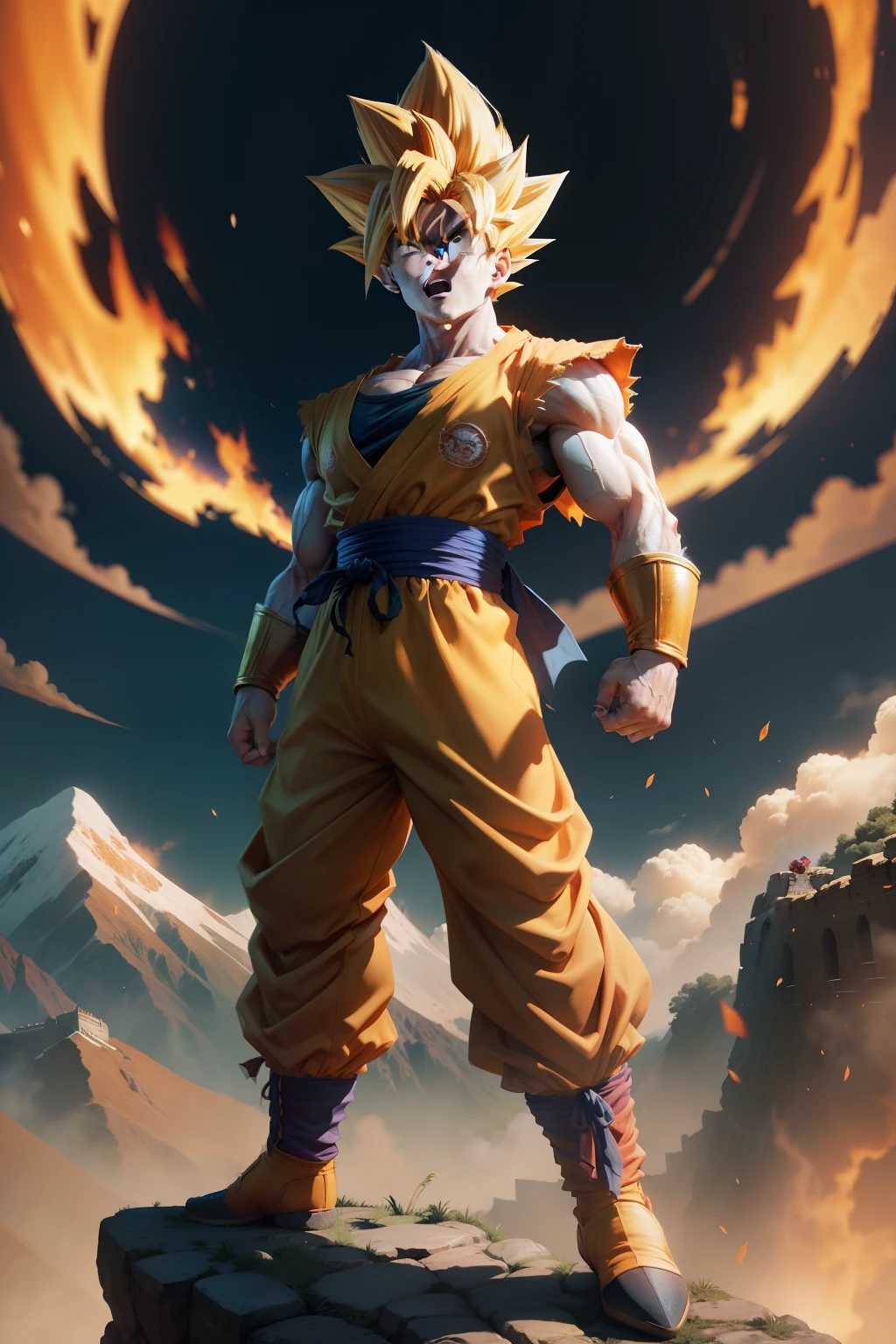 Super Saiyan Goku, SuperSaiyan , dragon ball artstyle, Goku from Dragon Ball, Goku stands on the Great Wall,with serious face expression