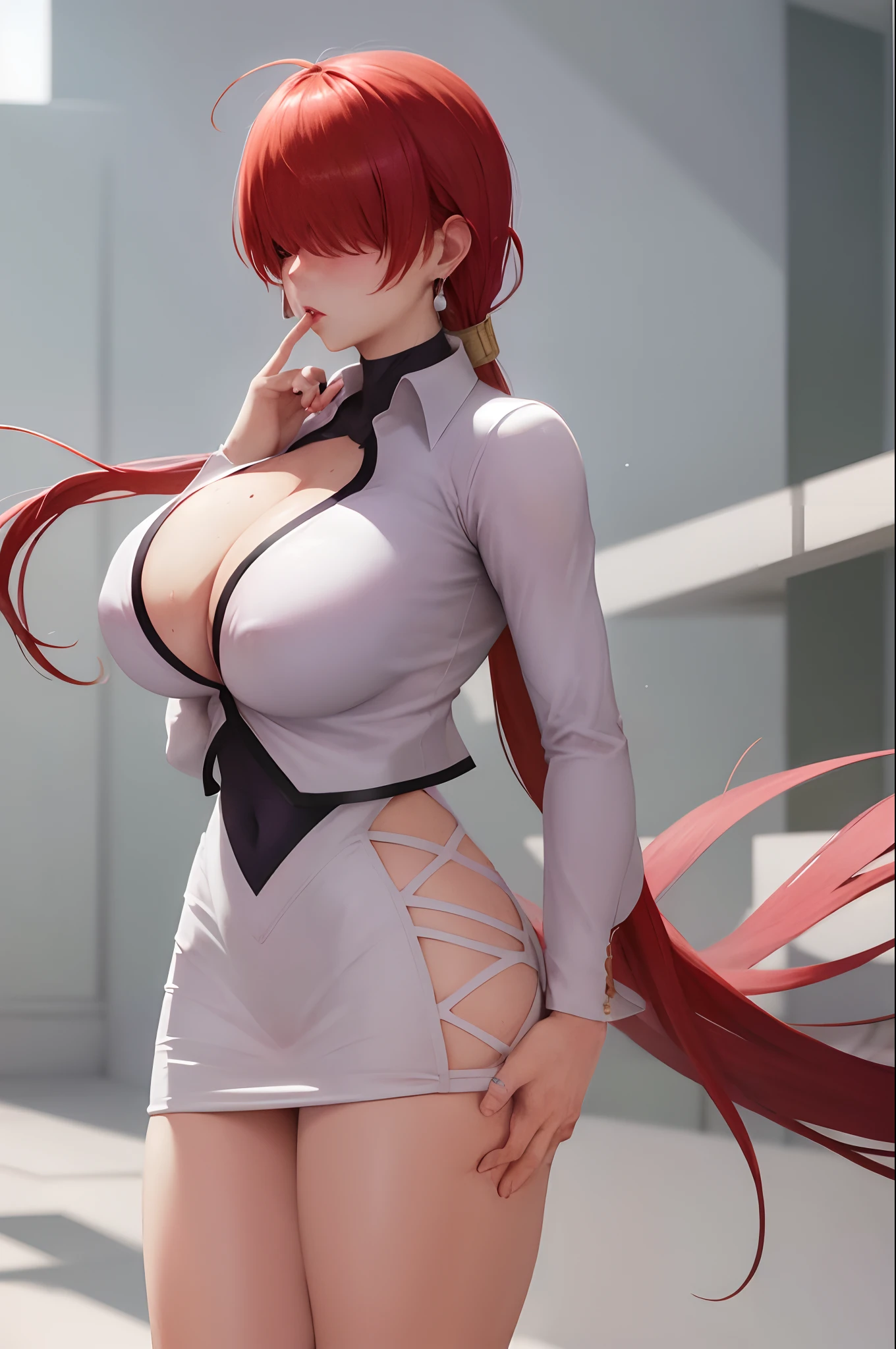 masterpiece, best quality, highres, she1, (hair over eyes:1.1), split ponytail, clothing cutout, earrings, jewelry, miniskirt, white skirt, leotard, pink jacket, long sleeves, cowboy shot, sexy pose, widehips, body,big breasts, hentai, (lipstick:0.8), victory posture, (sweating:1.2), lips,thicc thighs