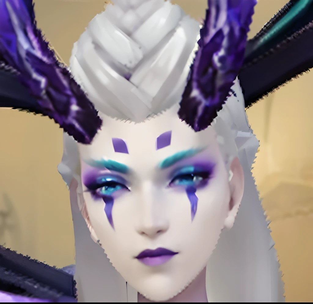 Close-up of a man with white hair and purple makeup, white horns queen demon, White corners on eyebrows, mara demon, demon white horns, Detailed unblurred face, Palatial and threatening faces, 16k upscaled image, Perfect Standing, intimidating glare, soft delicate draconic features, Deity Lisa Hannigan, Drow, dark fae