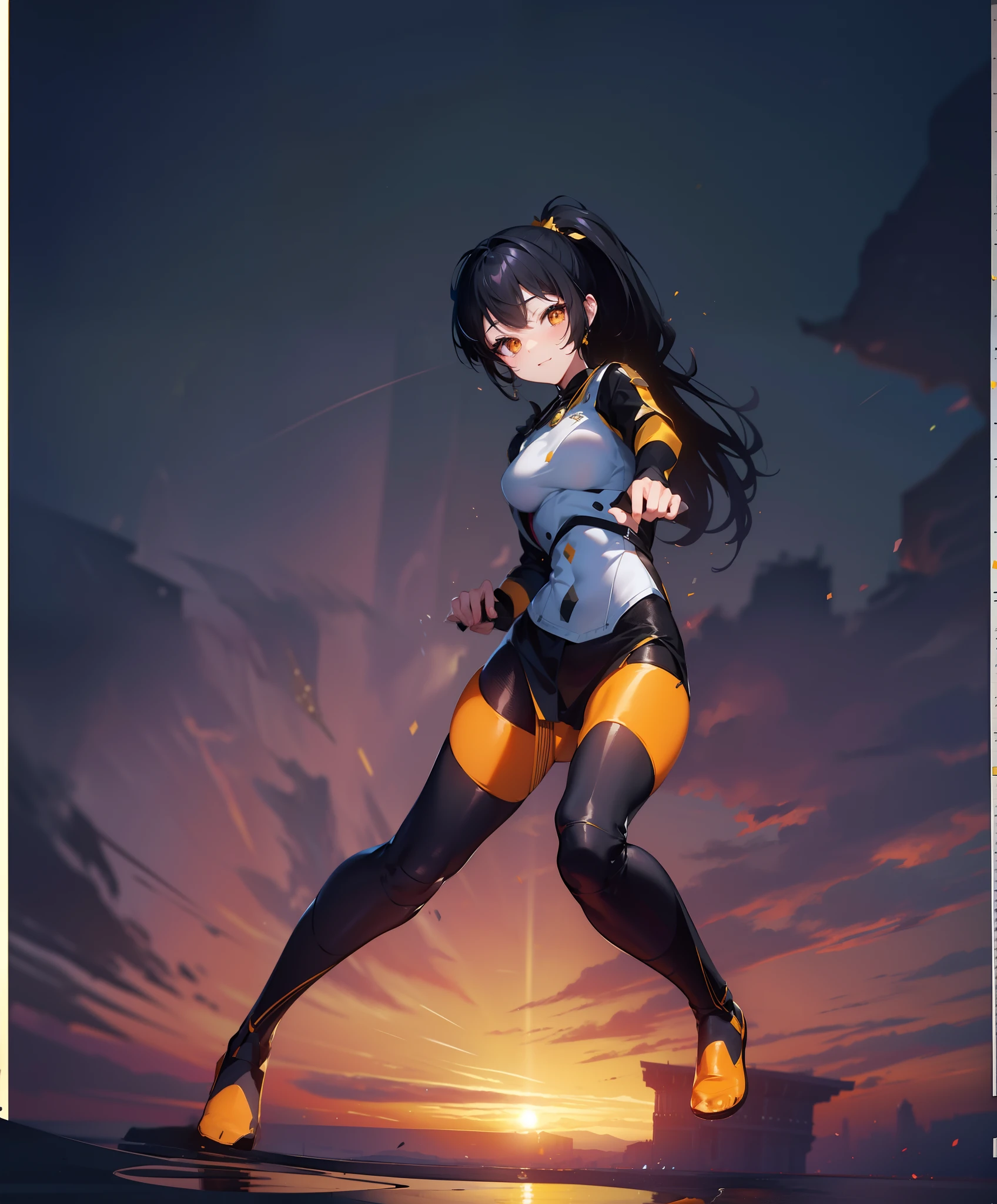 masterpiece,best quality,official art,extremely detailed CG unity,8k wallpaper,logo design,concise logo,brief,(sketch:1.2),(paper),(face:1),(flower:0.9),(pencil:0.9, eraser:0.9),fine handwriting，1girl,adorable girl,revealing dress,orange eyes,yellow sclera,light smile,long hair,black hair,{{high ponytail}},crossed bangs,medium breasts,leggings,masterpiece,official art, extremely detailed CG unity 8k wallpaper