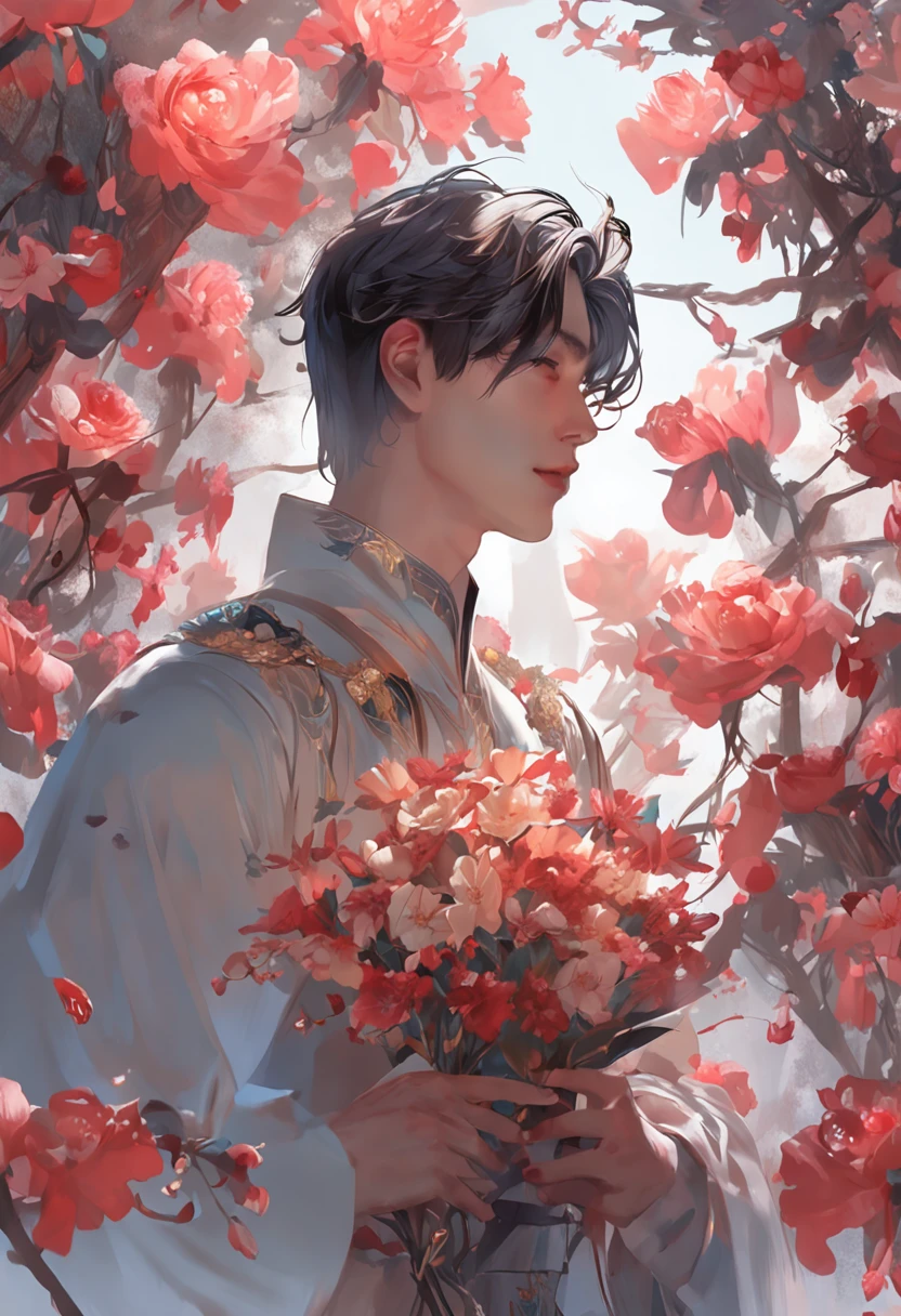 There was a man holding a bouquet of flowers in his hand, With flowers, Holding flowers, the flower prince, carrying flowers, high quality portrait, inspired by Yanjun Cheng, holding magic flowers, High-quality fanart, by Yang J, Guviz-style artwork, Cai Xukun, author：yanjun cheng, Guviz