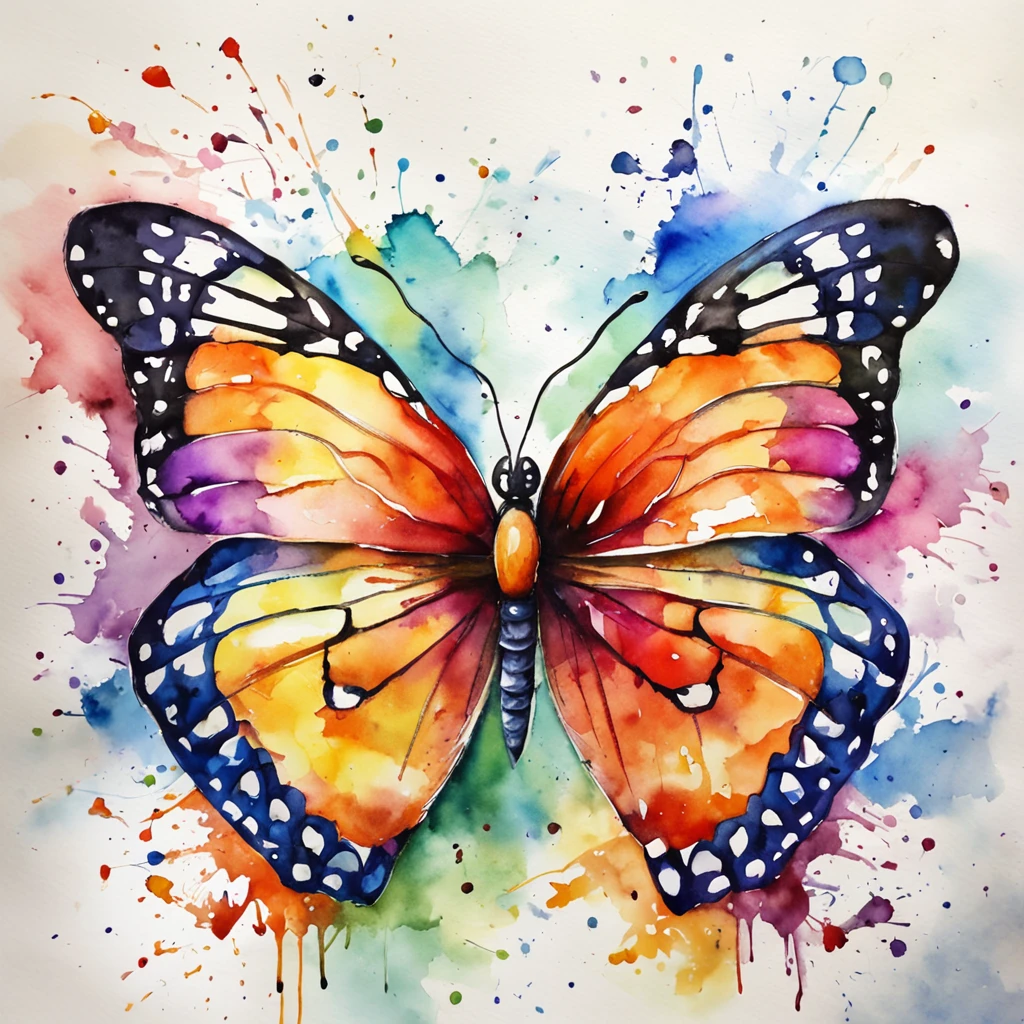 watercolor paint of a butterfly details of colors purple ,orange  and green pastels colors watercolor splash behind ,white background