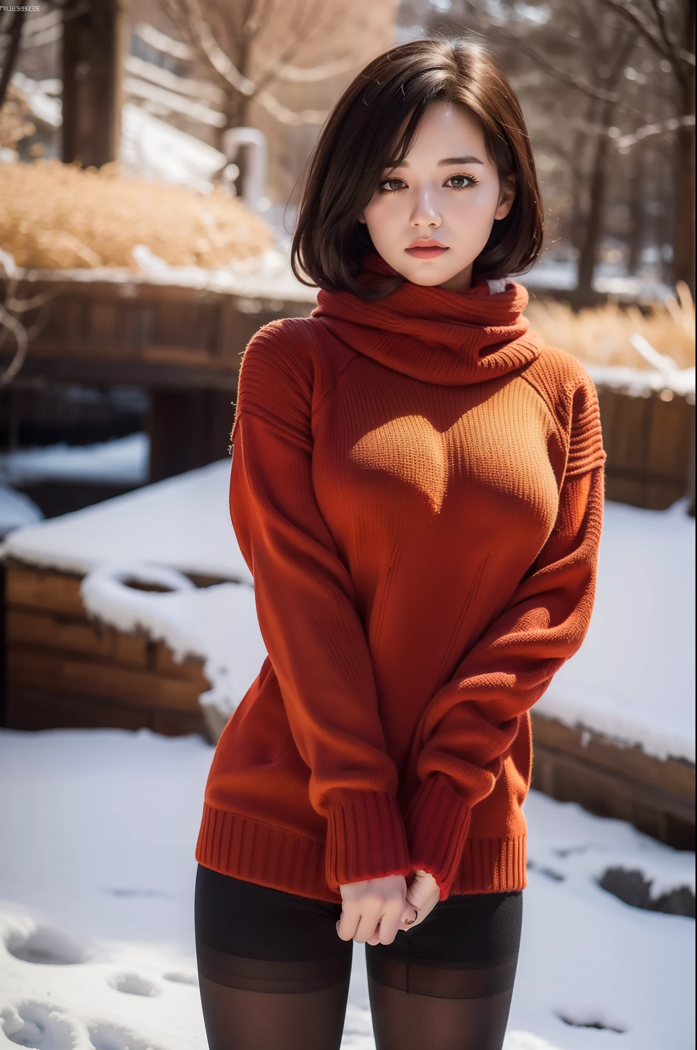 Winters，snow landscape，Beautiful teenage girl，lacepantyhose，Long black and red sweater，orange scarf，depth of fields，Real light，Ray traching，OC renderer，UE5 renderer，Hyper-realistic，best qualtiy，8K，Works of masters，super-fine，Detailed pubic hair，Correct anatomy