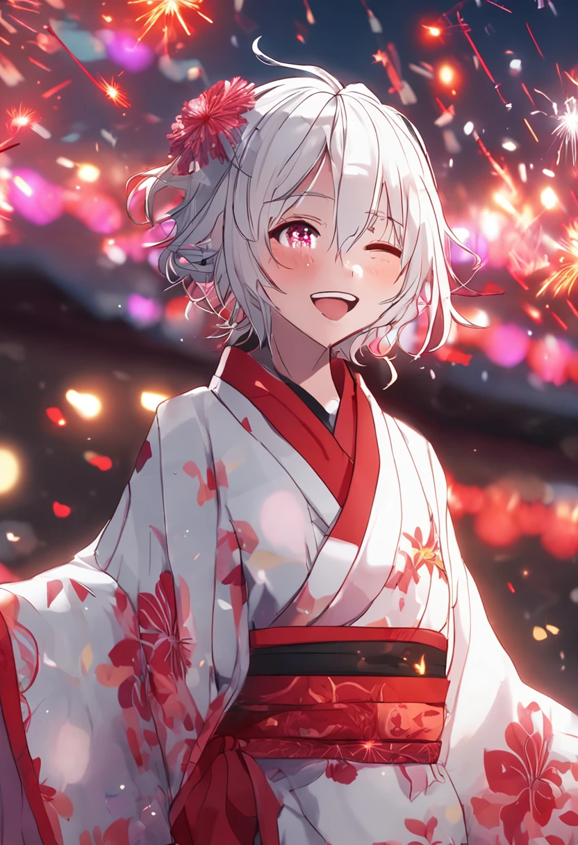 White-haired and red-eyed girl in kimono laughing while watching the fireworks
