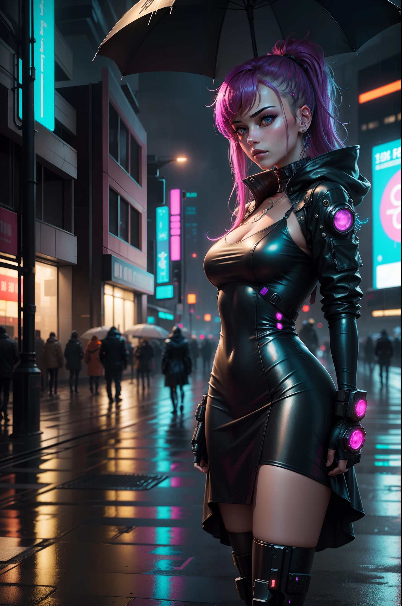 masterpiece, concept art, close shot, highly detailed, centered, 1girl in a (shiny color dress) standing in the rain, dreamy cyberpunk girl, cyberpunk art style, cyberpunk beautiful girl, cyberpunk girl, model girl, cyberpunk vibe, beautiful digital artwork, bright cyberpunk glow, cyberpunk vibrant colors, neon rainy cyberpunk setting, cyberpunk vibes, neon rain, cyberpunk art ultrarealistic 8k, has cyberpunk style