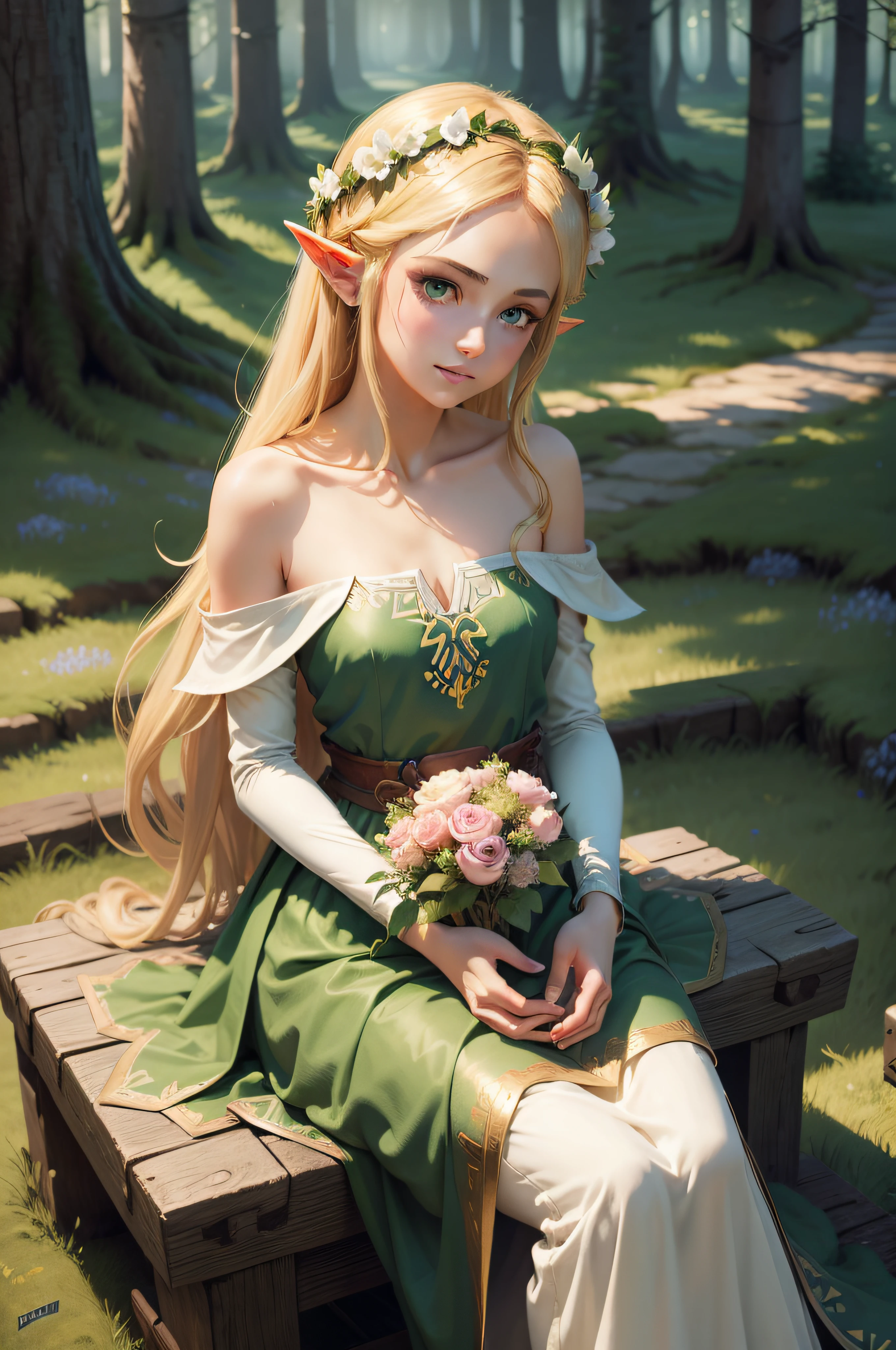 Masterpiece, best quality, illustration, colorful, landscape, fantasy, forest, 1girl, girly, face focus, skinny, bare shoulders, clavicle, detailed golden long hair, green eyes, pointy ears, holy smile , wreath, white dress, holy light, forest, sea of trees, flowers, sitting on the ground, princess zelda, blonde, blue eyes, legend of zelda, elf
