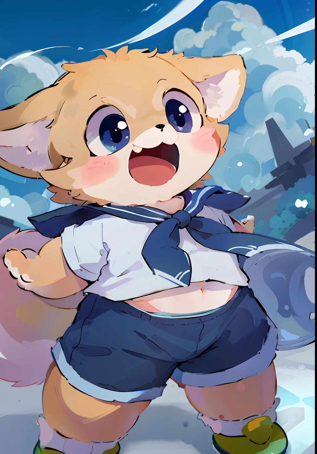 Anime characters of cats in sailor suits and small shoes, Mini cute style for male furry, fox from league of legends chibi, fluffy chest, cute anime catgirl, full body portrait of a short!, hairy chest, kemonomimi, Cute anime, zerochan art, anime cat, Eevee, Best Rated on pixiv, pixiv contest winner
