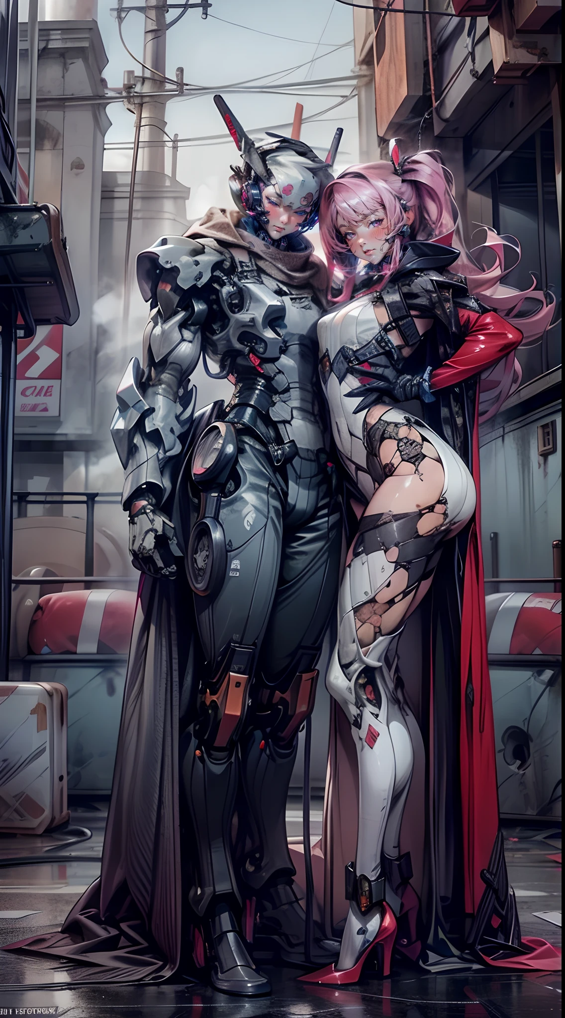 Mecha，Thick mech，In pink，red colour，black in color，white colors，purpleish color，Lots of detail，Mix and match，metalictexture，Ruined city，Dirty streets，Combat damage mech，Full body like