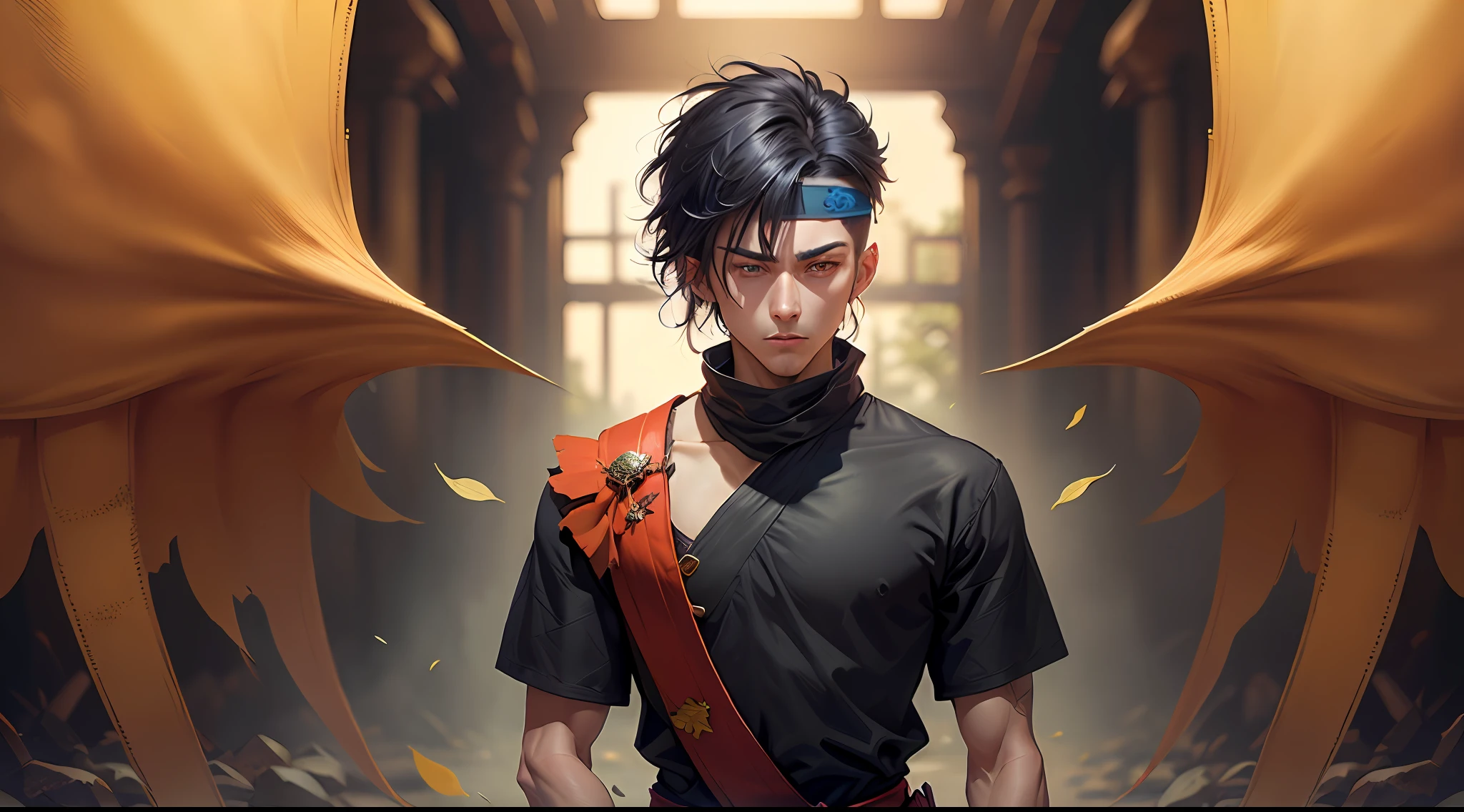 Ninja Young man black hair blue eyes short hair handsome leaf villiage headband kunai in hand ready to fight bleading
