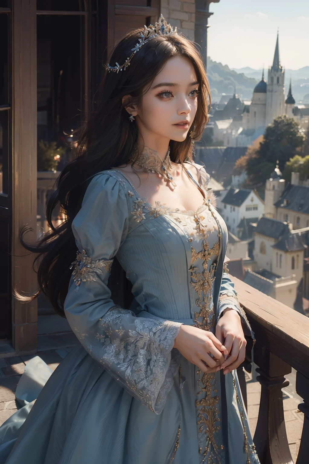 ((top-quality、​masterpiece、photographrealistic:1.4、8K))、1 beautiful detailed girl、extremely detailed eye and face、beatiful detailed eyes、（Red luxury dress in medieval European style、Princess）、Luxury accessories、Elegant smile、（Depict a scene of a princess standing on the balcony of a castle where the sun rises。She stared into the distance、Hair swaying in the wind and a dress complement her noble vibe。）、Cinematic lighting、Textured skin、Super Detail、high detailing、High quality、hight resolution、（looking at the viewers）