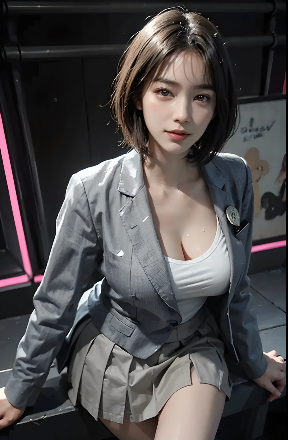 (A hyper-realistic), (illustratio), (hight resolution), (8K), (ighly detailed), (The best illustrations), (beatiful detailed eyes), (top-quality), (ultra-detailliert), (masterpiece), (wall-paper), (detailed face), droopy eyes,full of sweat, full body, long legs,Armpit,short-hair,inner colored,solo, big breast, cleavage, japanes, Colossal tits、A smile, wearing grey blazer, grey short skirt, office uniform, street with neon lights