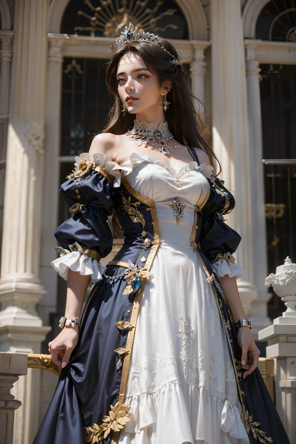 ((top-quality、​masterpiece、photographrealistic:1.4、8K))、1 beautiful detailed girl、extremely detailed eye and face、beatiful detailed eyes、（Red luxury dress in medieval European style、Princess）、Luxury accessories、Elegant smile、（Depict a scene of a princess standing on the balcony of a castle where the sun rises。She stared into the distance、Hair swaying in the wind and a dress complement her noble vibe。）、Cinematic lighting、Textured skin、Super Detail、high detailing、High quality、hight resolution、（looking at the viewers）