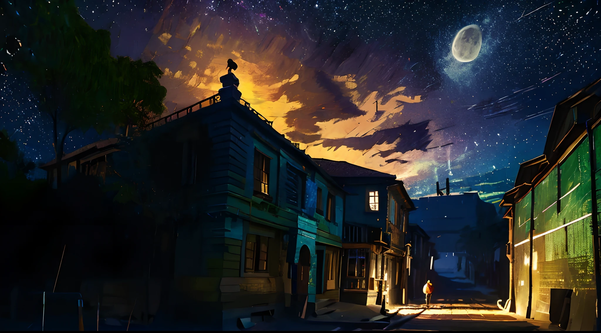 (OilPaintStyle:1.4),inks,((best qualtiy)), ((tmasterpiece)), (A detailed:1.4),Enhanced dynamic perspective,jungles,gigantic trees,nighttime scene,starrysky,(darkly:1.4),((Old adventurer standing in a big tree,Feed the girassed dragon to graze)),((Butterflies sparkle in the moonlight)),((A starry stream flowed in front of him)),Crocodiles float on the water,(Adventurer backpack),(weeds),florals,(((adventurer clothing))),super-fine,Works of masters,high qulity,8K分辨率,depth of fields,电影灯光,Epic shooting,high qulity,super-fine,Detailed pubic hair,Accurate,Cinematic lighting,