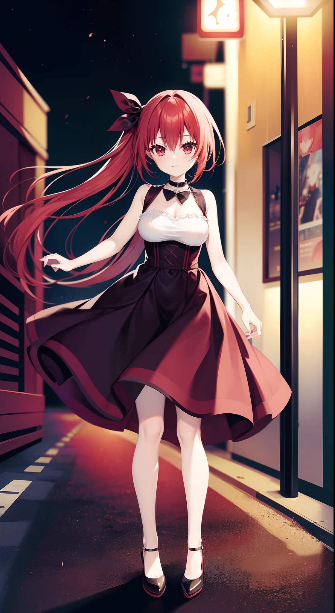 anime girl, lonely, red hair, big breasts, gothic dress, elegant dress, skirt, heels, city, night, street lamps, lights