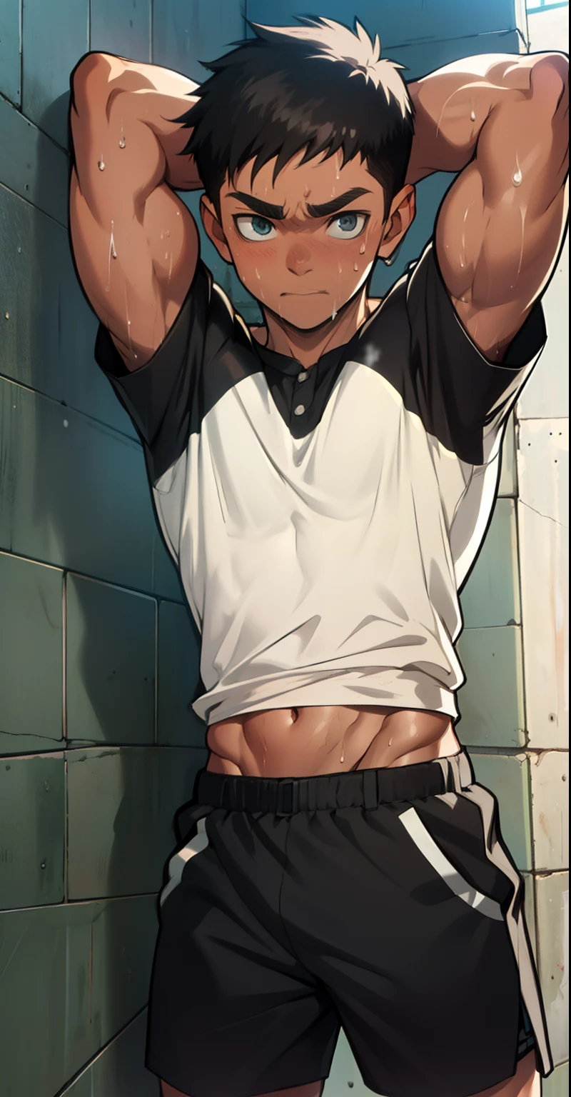 cute 13-year-old boy, cute baby face, solid body, huge muscular thigh muscles, dripping sweat, shiny skin, wearing a long shirt, black shorts, arms folded shirt up (photo corner from bottom to top)