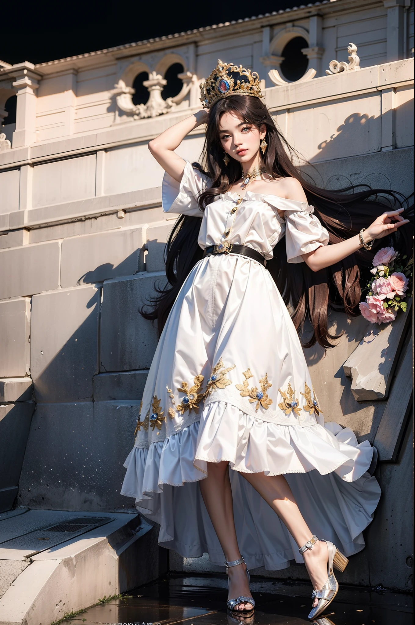 ((top-quality、masterpiece、photographrealistic:1.4、8K))、1 beautiful detailed girl、extremely detailed eye and face、beatiful detailed eyes、(Dress with lots of flowers、Princess)、Luxury accessories、Elegant smile、natta、(The background is hills and mountains with many flowers)、Cinematic lighting、Textured skin、Super Detail、high detailing、High quality、hight resolution、(looking at the viewers)、full body Esbian、europian