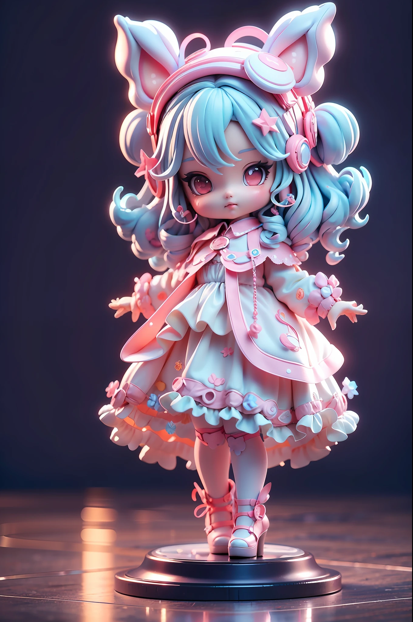 Pink wavy curly rabbit，Wearing a Lolita dress，Star Jewelry，Lolita style，（​masterpiece，Best Quality），3D Blind Box Doll，Pastel tones，light，high detailed official artwork，beautiful anime art, anime fantasy illustration、White background、