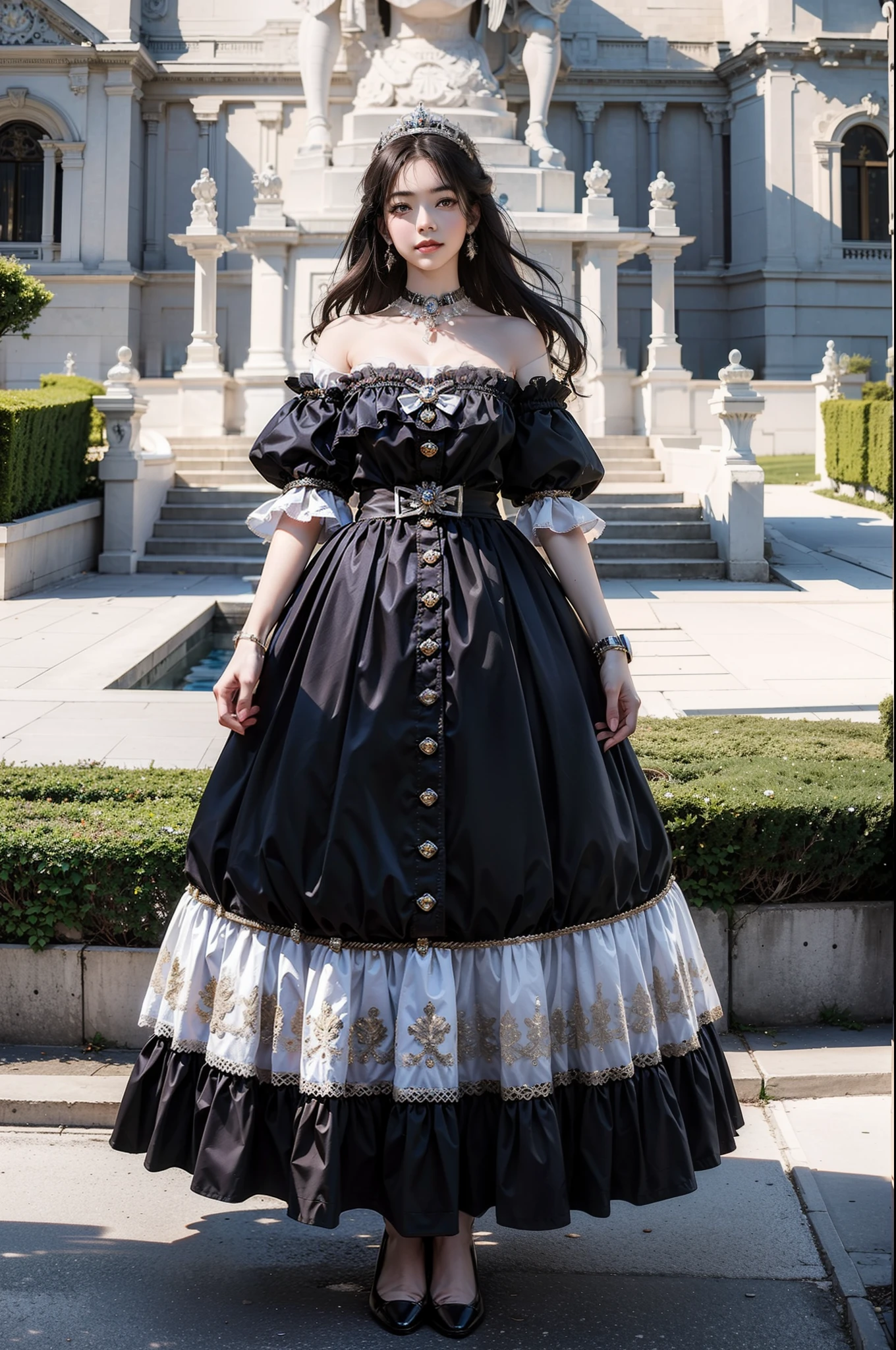 ((top-quality、​masterpiece、photographrealistic:1.4、8K))、1 beautiful detailed girl、extremely detailed eye and face、beatiful detailed eyes、（Dress with lots of flowers、Princess）、Luxury accessories、Elegant smile、natta、（The background is hills and mountains with many flowers）、Cinematic lighting、Textured skin、Super Detail、high detailing、High quality、hight resolution、（looking at the viewers）、full body Esbian、europian
