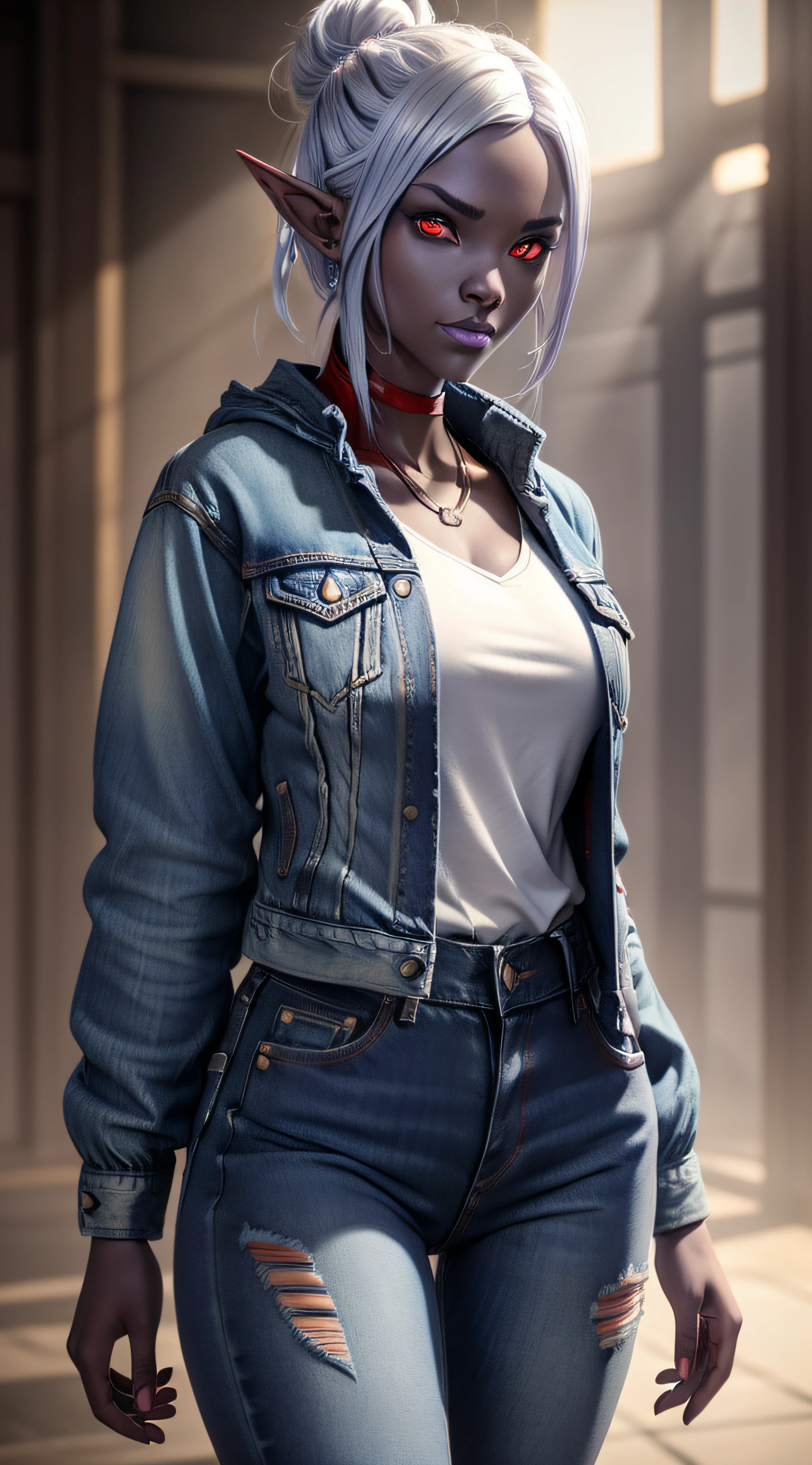 1girl, sexy drow, dark purple-blue skin, pale silver hair bun, ((red eyes)), elf ears, wears ((opened denim jacket)) and ((jeans)), ((cast light magic)), posing on a busy streer, athletic, volumetric lighting, best quality, masterpiece, realistic, anatomically correct, (strong cinematic lighting), stunning details, intricate details, 8k post-production, High resolution, super details, trending on ArtStation, sharp focus, depth of field f/1.8, studio photos, (((looking at camera)))