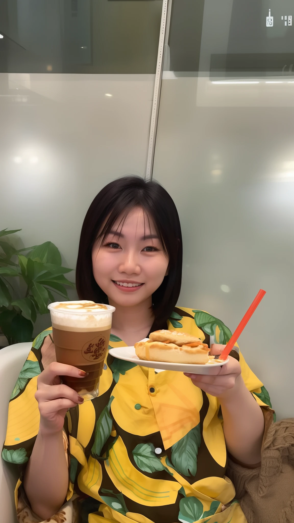 woman holding a plate of food and a drink in front of a window, profile image, mai anh tran, mukbang, profile pic, joy ang, profile picture, drinking a coffee, drinking coffee at central perk, inspired by Kim Jeong-hui, drinking coffee, with a drink, sitting in a cafe, jackie tsai style, eating