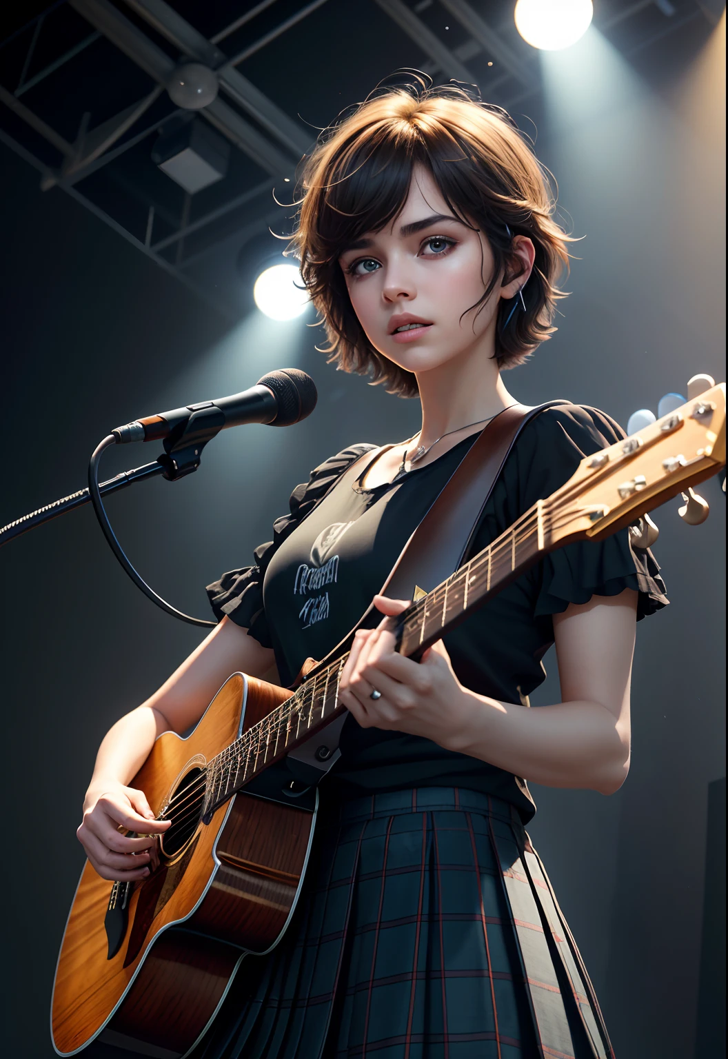 highres, shadows, absurdres, best_quality, ultra_detailed, 8k, extremely_clear, photograph, beautiful, sharp focus, hdr,
A cute pop singer with short hair and symmetrical teary eyes holds a guitar and sings into headphones, wearing a pleated skirt, with a dynamic angle, captured in a high-detailed cowboy shot, exuding a melancholy emotion, featuring soothing tones and a contrasting mix of light and shadow, all while emphasizing the subject's hair, eyes, mouth, and action in a composition that is both pleasing to the eye and thought-provoking.