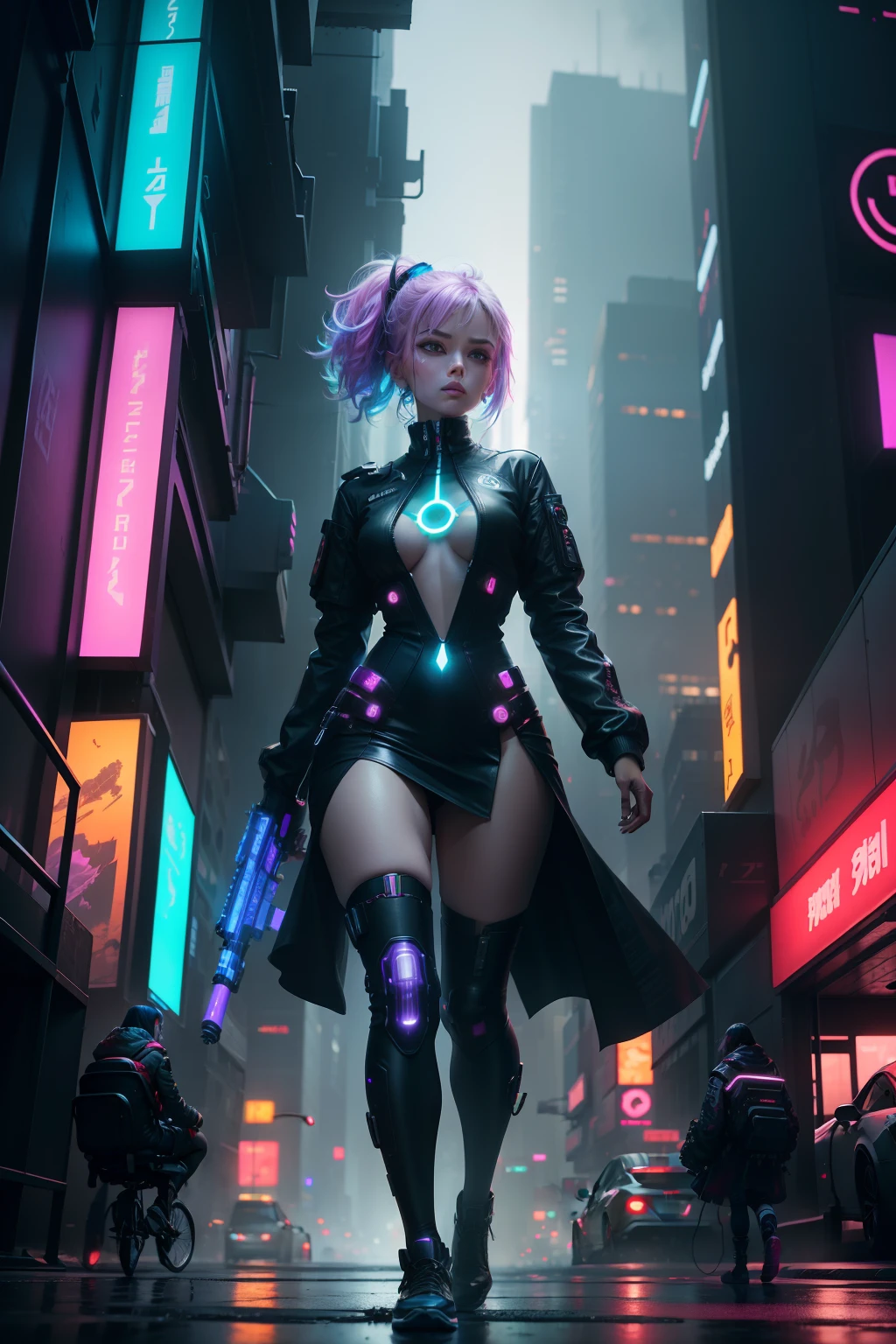 As she strolled through the neon-lit streets，With a long gun in his hand，The cyberpunk world embraced her, Her presence is a charming blend of grace and rebellion. Bright colors depict the cityscape, Towering holographic advertisements and futuristic architecture dominate the skyline. The air is filled with a fusion of technology and gravel。, It creates an atmosphere full of energy. Keywords: Cyberpunk, Futuristic, vibrant, rebellion, Elegance. Camera type: Handheld. Camera lens type: Wide-angle. time of day: midnight. Photo style: High contrast. Film type: infrared. In the middle of the night, Her figure emerged from the shadows, Bask in the ethereal glow of neon lights. city steaming with life, Reflecting her confident pace as she becomes one with the urban symphony. The flickering lights painted a captivating pattern on her face, There was a hint of determination and curiosity in her eyes. The wide-angle lens captures the expansive cityscape, showcasing the towering skyscrapers，Decorated with holographic projections dancing among the stars. Its vibrant hues create a feast for the eyes，Seduces the senses, A kaleidoscopic array of colors on a dark canvas of the night sky. The high-contrast photography highlights the contrasting elements of the scene - the smooth lines of futuristic vehicles speeding by, Juxtaposed with the decaying facades of the old building. It is a collision of the past and the future, Create a unique visual tension，The perfect embodiment of the essence of the cyberpunk world. When infrared film breathes life into an image, A surreal aura looms over the scene. The cityscape transforms into a dreamscape, Where reality and fantasy blur. Invisible energy swirled around her, Evoke a sense of magic and mystery，Waiting to unravel in this cybernetic metropolis. In this snapshot of the cyberpunk world, Those who observe can't help but be attracted by the amazing juxtaposition, Energetic energy, and a potential sense of rebellion. This is a t