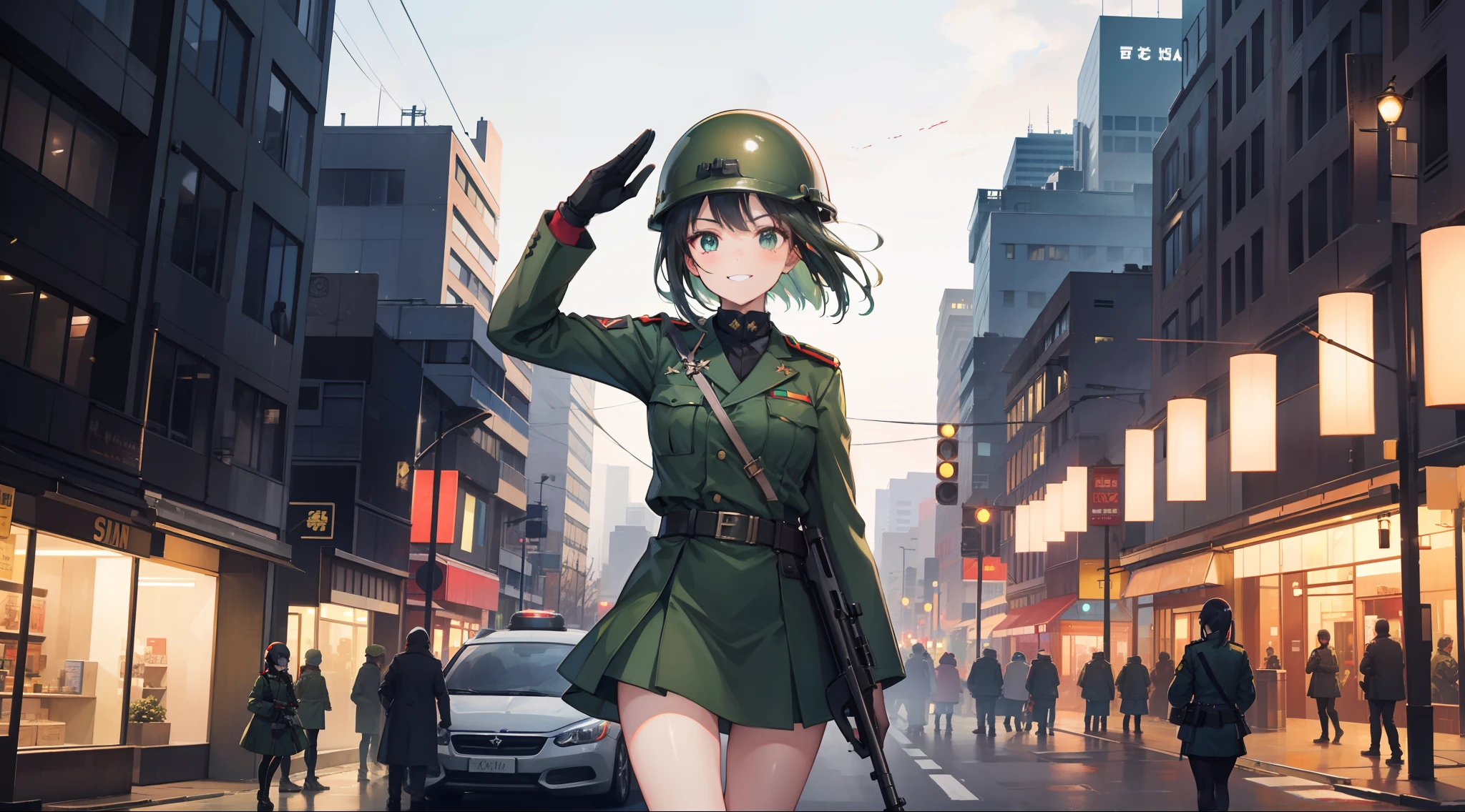 A girl in a green military uniform,with rifle in hands,grinning smile,Shy,Warm street lights,down town,Superskirt,Saluting,Wear a steel helmet,The steel helmet has a solid red five-pointed star,Smooth and unadorned steel helmet,Long legs are exposed,Shooting stars dart across the sky,Busy business district street,Black hair,Dense crowds