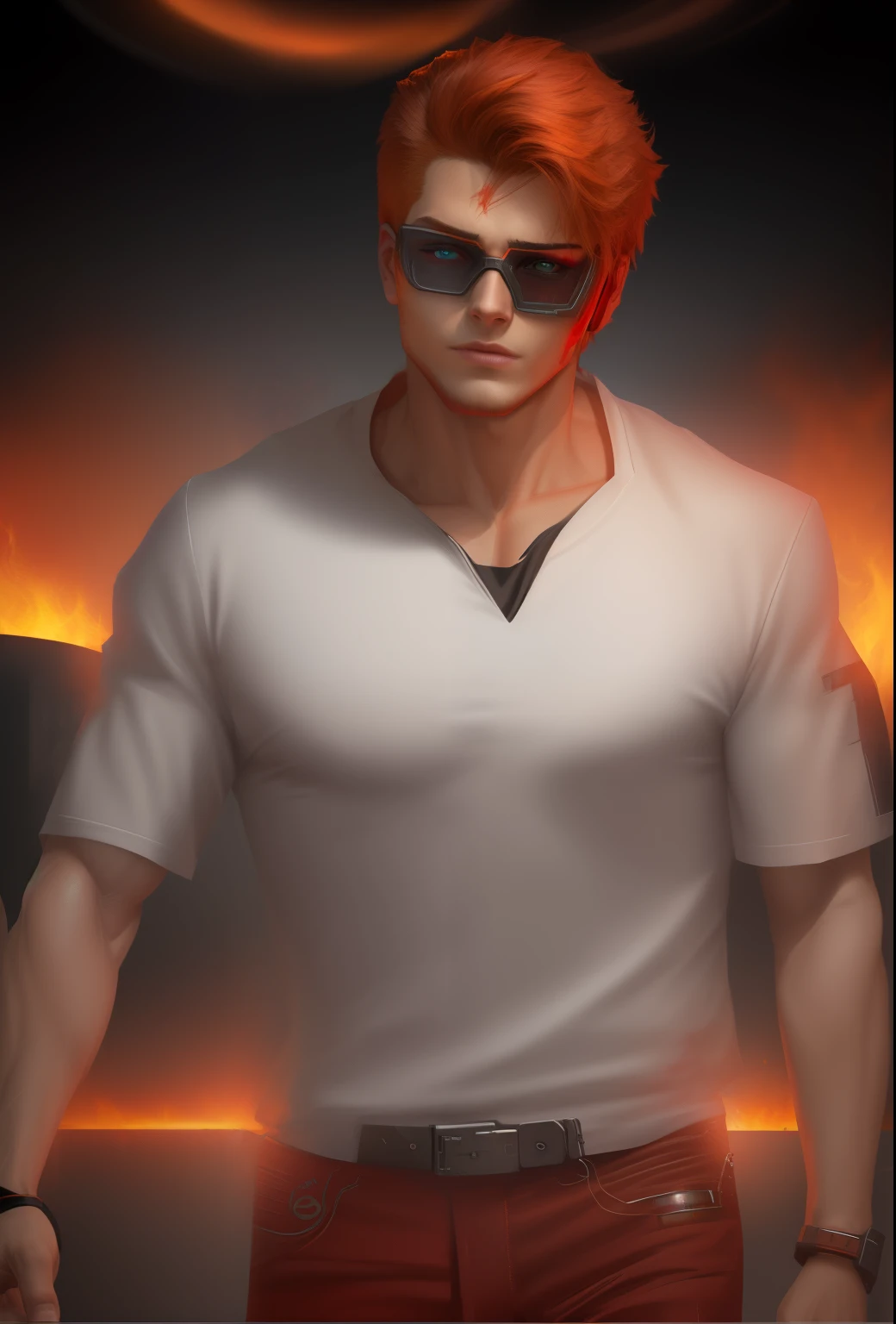 Cyber punk background handsome boy , fire design tshirt, realistic face,HD face , no change in face , 8k resolution