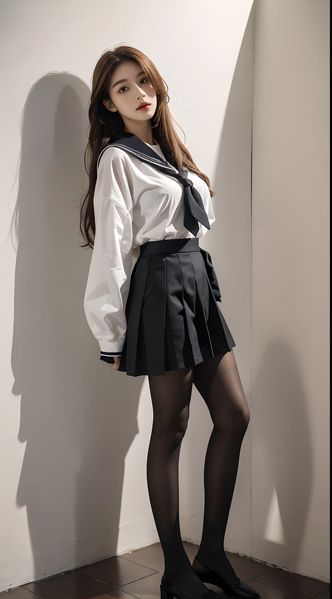 Camera shot，Faraway view，shooting full body，Full body photo，A high resolution，Extreme detail，16k，one-girl，Exquisite and perfect facial features，with a round face，Big sweet eyes with lying silkworms，Extremely precise body structure，（Sailor school uniform：1.25），（（pleatedskirt）），（Covers the full leg black pantyhose：1.2），（Detal Face：1.2）：0.2，RAW photogr，（tmasterpiece），（best qualtiy），high rise，（photorealestic，photographrealistic：1.2）），ultra - detailed，physically-based renderingt，1girll，Air bangs，long whitr hair，wavey hair，Hosiery，Bust photo，Black curtain background