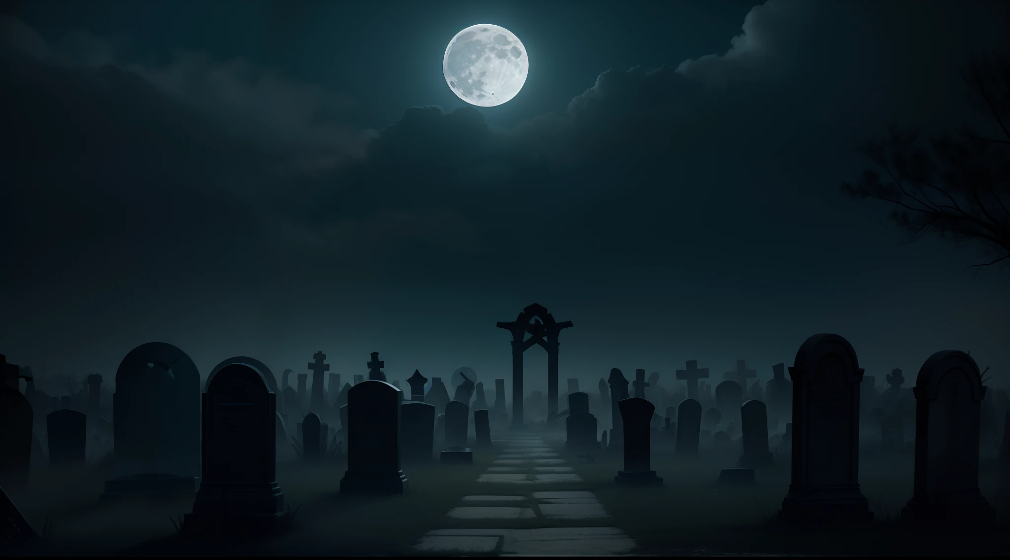Generate an image of a desolate graveyard at night, with a pale mist rising from the ground and ghostly apparitions materializing within it under the moon's eerie glow,4k, high octane render