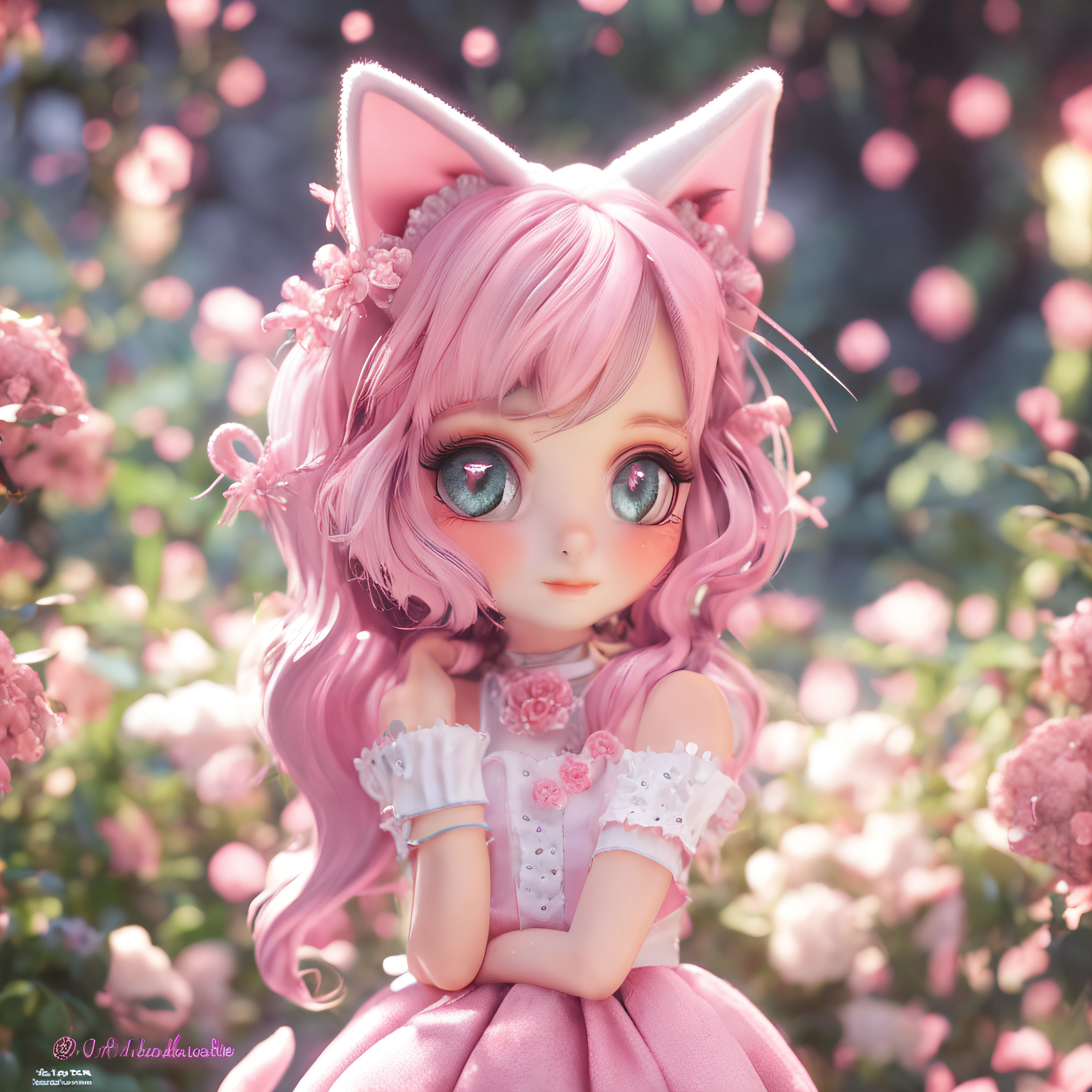 Cat-eared girl, adolable, Fluffy tail, Squint, Soft cute, teens girl, in pink, Cat ear hairpins, white dresses, Sweet smile