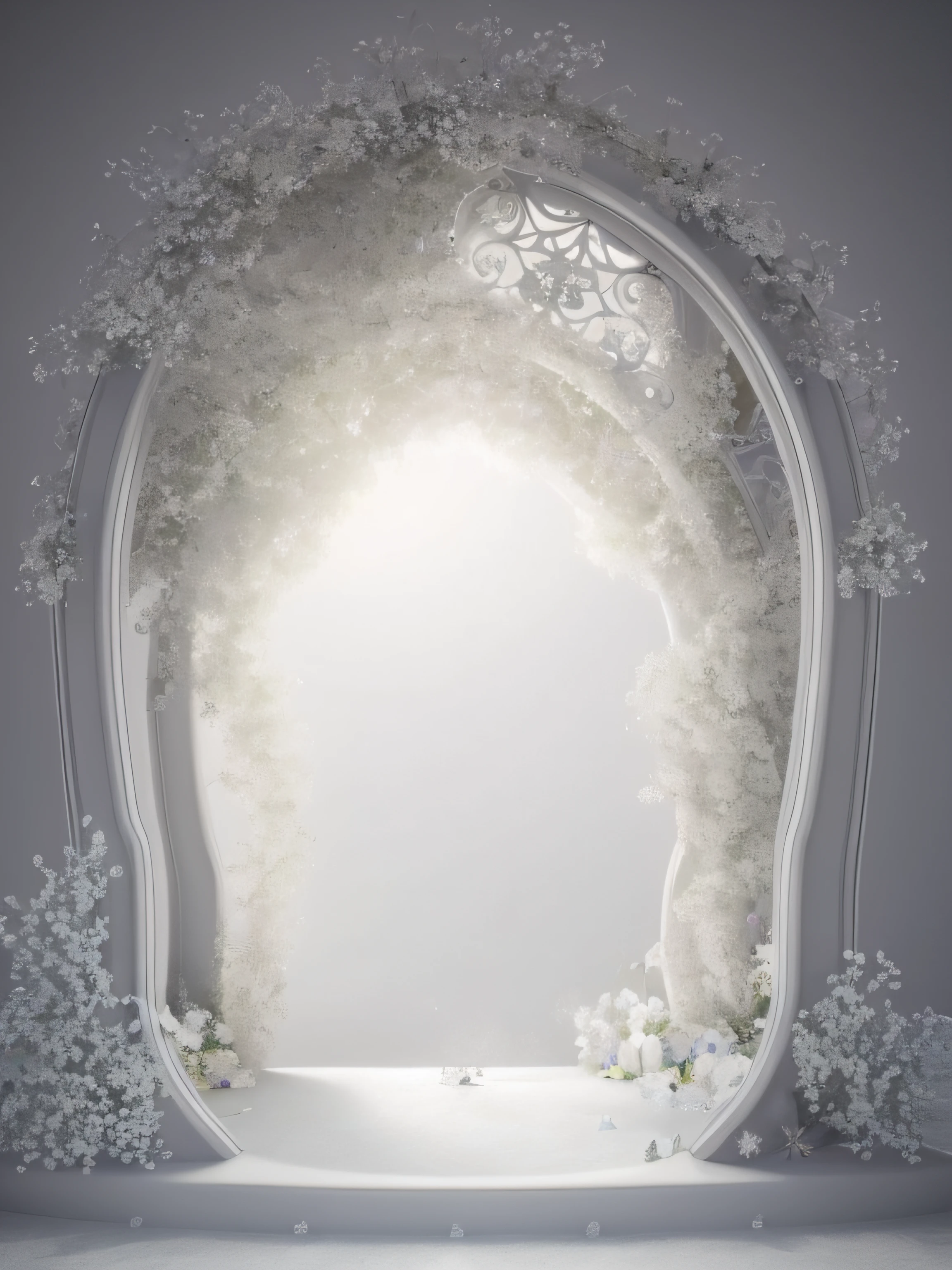A white arch,Flowers and light pass through it, fairy tale style background, dream portal, stunning arcanum backdrop, magic doorway, beautiful render of a fairytale, open window ib background, portal to the ethereal realm, entrance to ethereal realm, ornate backdrop, inside white room, white sweeping arches, Gorgeous and complex background, portal made of roses