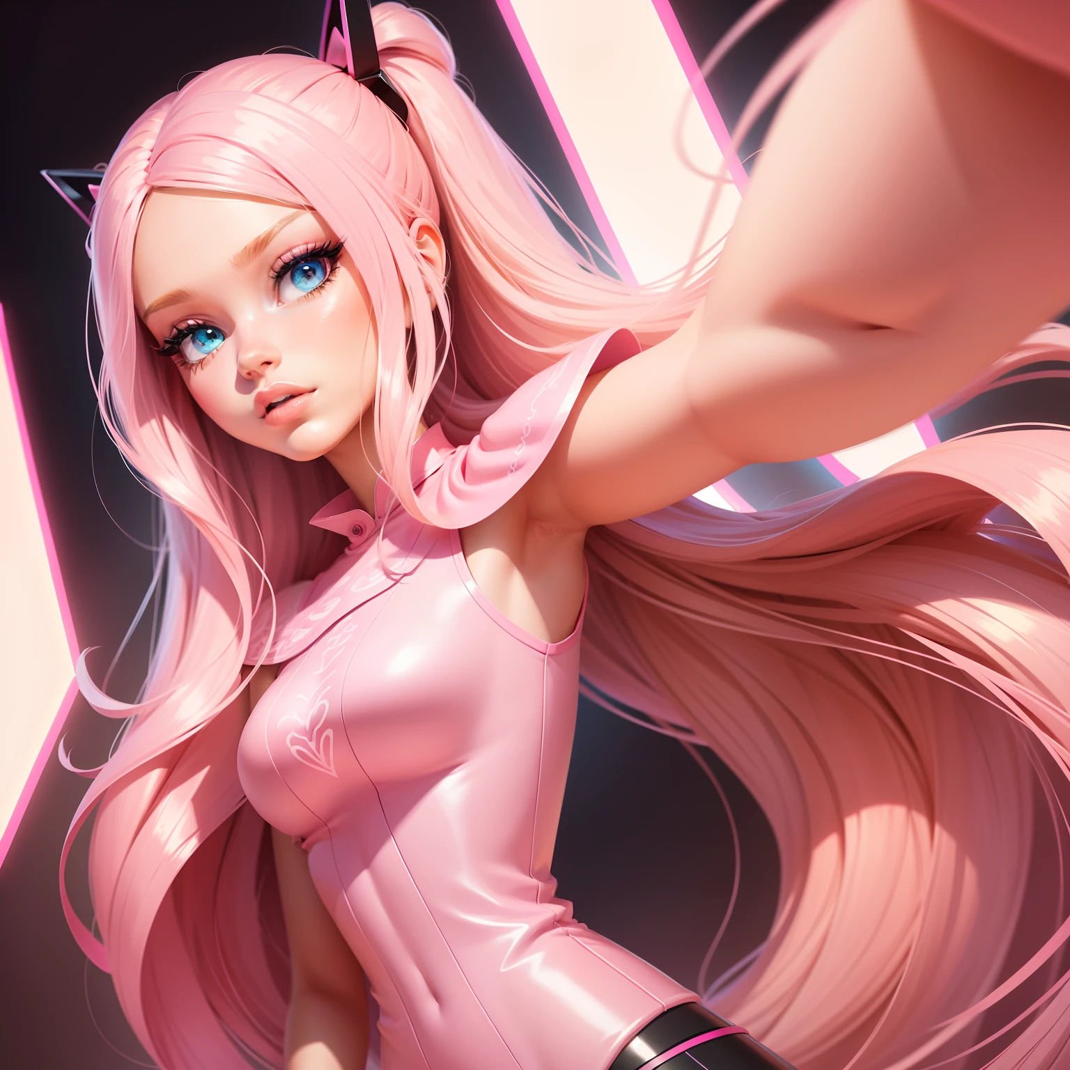 high resolution, best quality, illustration, Super details, (Detailed face), (delicate eyes) Q version of League of Legends Kai’Sa figure pink and blue full body doll on the table