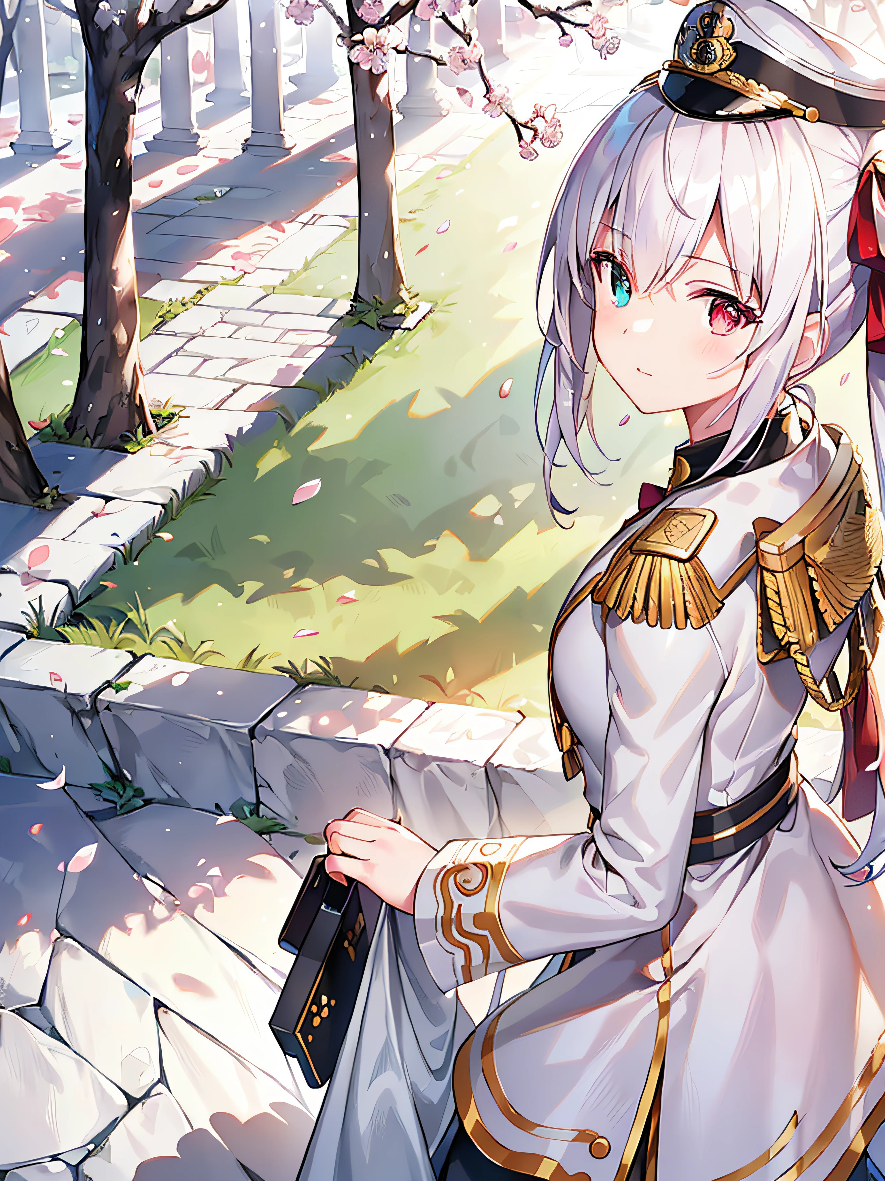 Blush stickers,Epaulettes,Pale skin,white_hair,Twintails,looking at viewer,Standing,Peaked cap,military uniform,cowboy boots,Samurai sword,cherry blossoms,nature,sunny,afternoon,in autumn,heterochromia,Cinematic Lighting,anime,fate grand order,game cg,huge_filesize ,scenery,anime coloring,(((masterpiece))), (((best quality))), ((ultra-detailed)), (illustration), (detailed light),((an extremely delicate and beautiful)),dramatic_shadow,ray_tracing,((masterpiece)), (((best quality))), ((ultra-detailed)), ((illustration)), dynamic angle