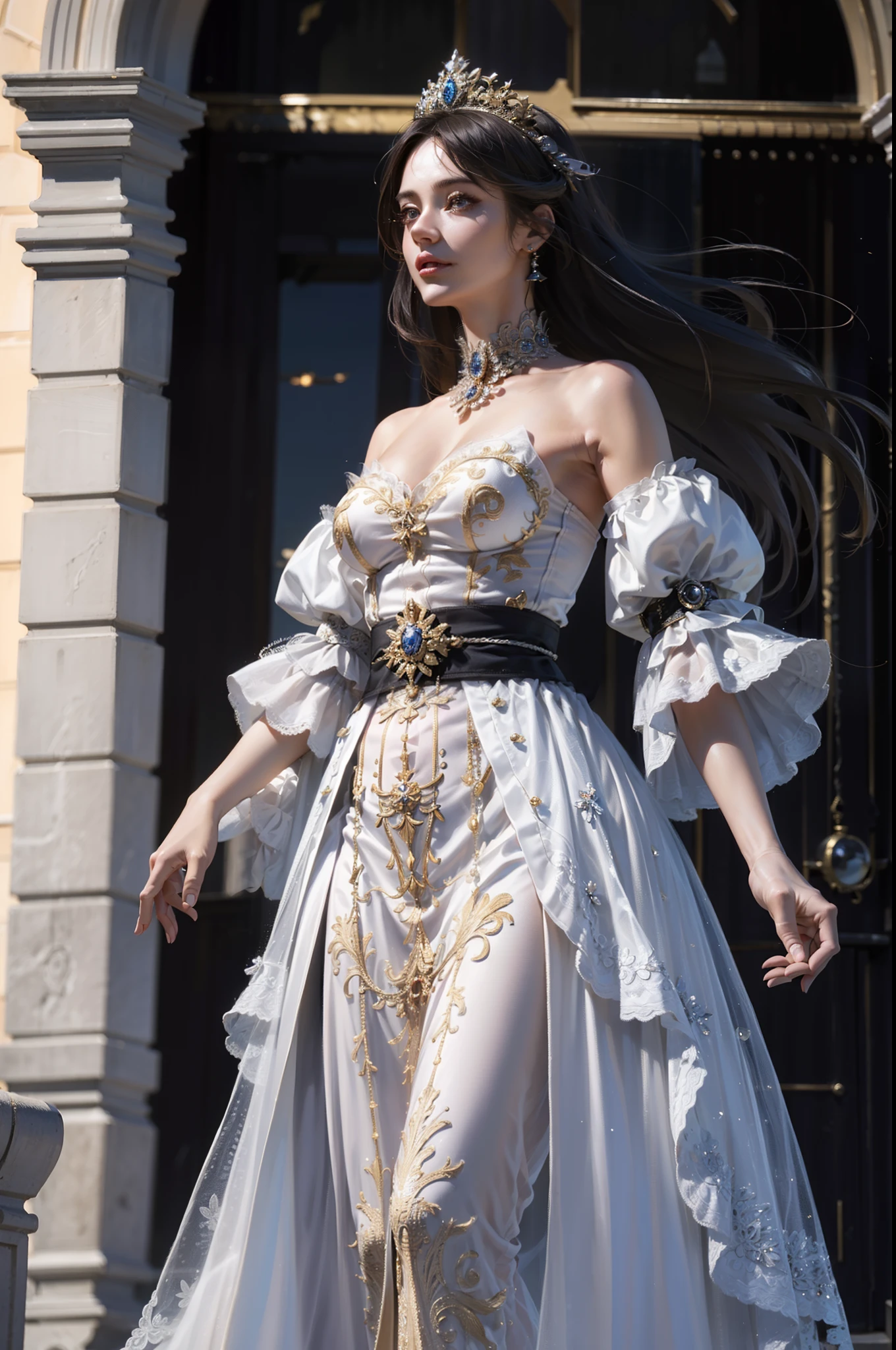 （8k， RAW photos， Best quality， masterpiece：1.2），(facing the audience:1.5),（Realistically， Shoot real：1.4)
Lolita clothing，Lace， Iris Gainsborough， Upper part of the body， underwear，Expose bare shoulders， external， ancient castle， high quality， Adobe Lightroom， High Detail Skin， Looking at the audience，