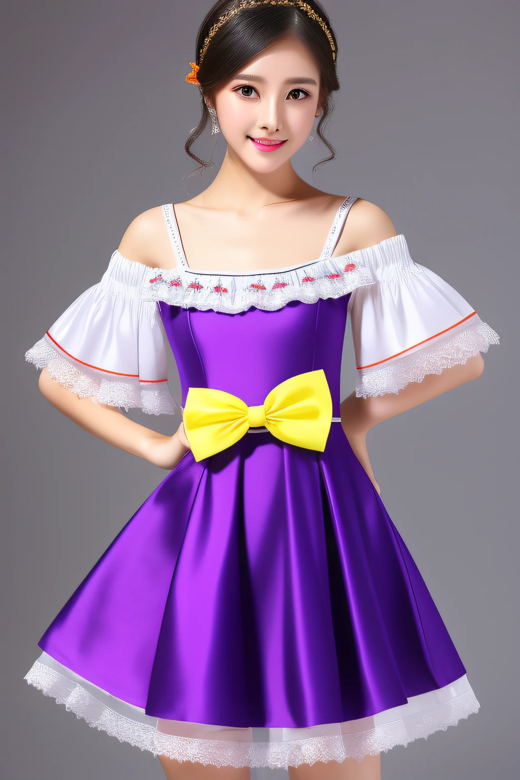 A perfect young white-collar women, China, the picture quality is high, the masters, the hair of black, such as spring, single horse hair, hair accessories, off-the-shoulder, collarbone, delicate face, water embellish red lips, facial fill light, ((dressed in colorful fashion summer sailor suit)) (red, blue, green, purple, orange, pink, yellow, printing clothing, brightly colored clothing), Kurt, and color pleated skirts, shadow bud silk skirts, shimmering jewel dress, lightning stars dress, crystal element, element of embroidery patterns, tassel skirts, snowflake dress, skirt, moonlight butterfly fairy dress, drizzle dress, luminous, white stockings and black stockings and pantyhose, loading, condole belt unlined upper garment, bud silk material and silk garments, reality, bare thigh, calf, (looking down from the top: 1.2), (white wall background: 1.5), CG image rendering, 16 k, standing posture, inside the empty, don't peep out of the hand, picture close-up shot