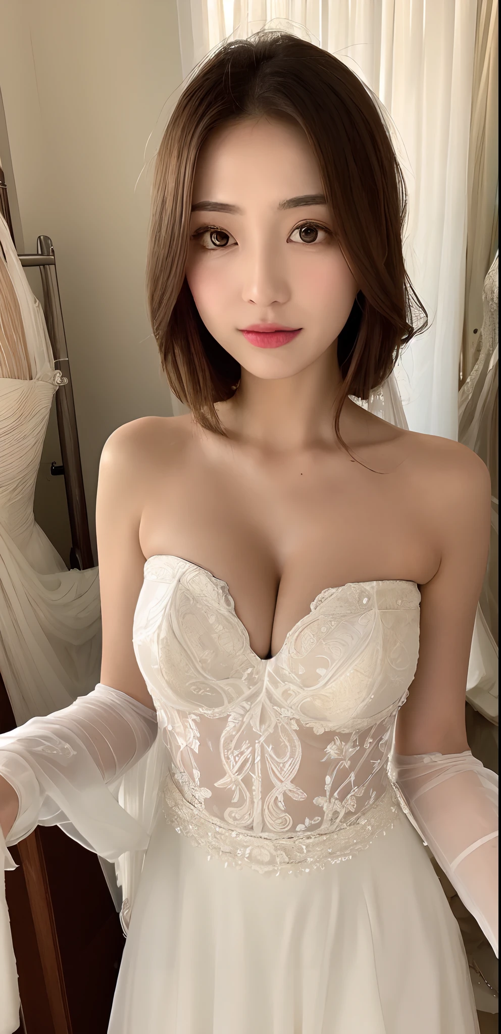 （8K， Highest high resolution：1.3）， 1 girl with a perfect body， Super fine face，eyes with brightness，random hair style， Brightens skin，Shoulders exposed，((Bandeau dress，wedding gown，tight-fitting，huge tit))， Expose cleavage，short  skirt，Bedrooms，leaning-forward