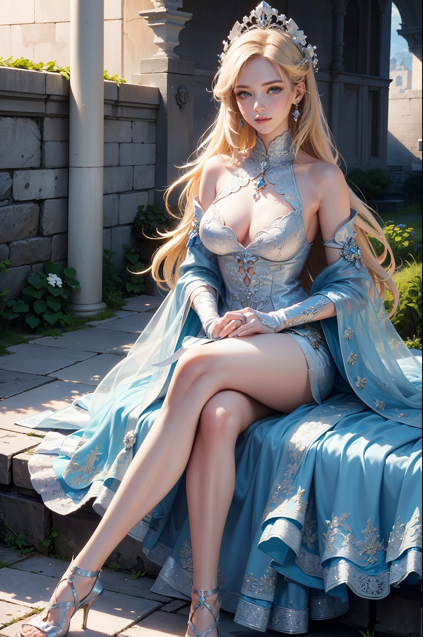((top-quality、masterpiece、photographrealistic:1.4、in 8K))、Beautuful Women、18year old、Beautiful expression、a blond、extremely detailed eye and face、beatiful detailed eyes、Formal Gloves、(Luxury dress with blue embroidery on white、Headdress in the style of medieval Europe)、Luxury accessories、(Stroll through ancient European ruins。European style castle in the background)、Glass shoes、Cinematic lighting、Textured skin、Super Detail、high detailing、High quality、hight resolution、Looking at Viewer、Elegant smile、Full body、europian、Lots of plants、ivy