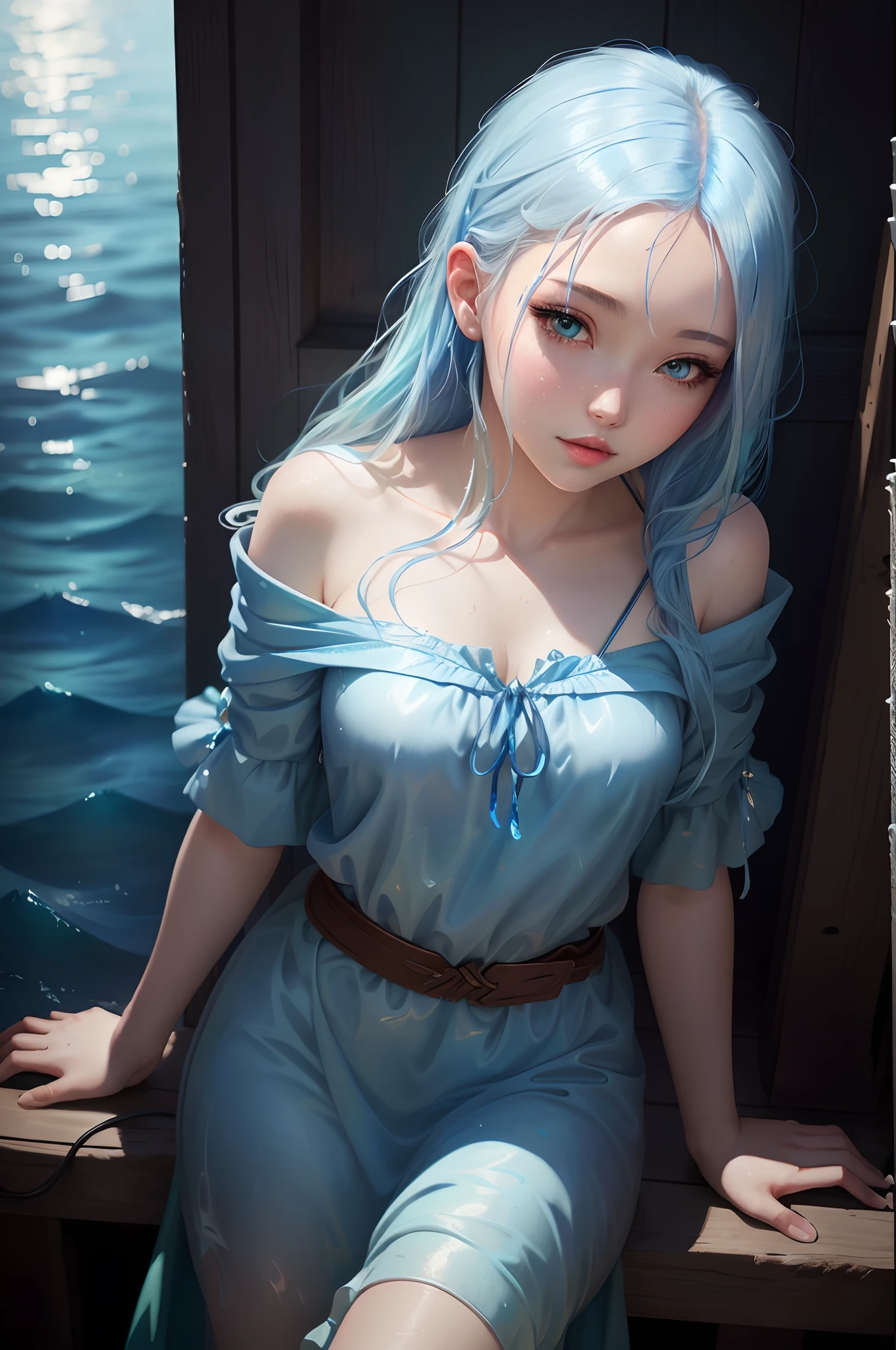 Female ((20year old)), hair ((long, wavy, light blue)), eyes((blue, big eyes)), clothes ((velvet, mini dress, Versache Logo)), accessories ((hair bow, chocker)), gigantic breast, oppai, seductive smile, smiling, pirates ship, sea, harbor, lipgloss,
