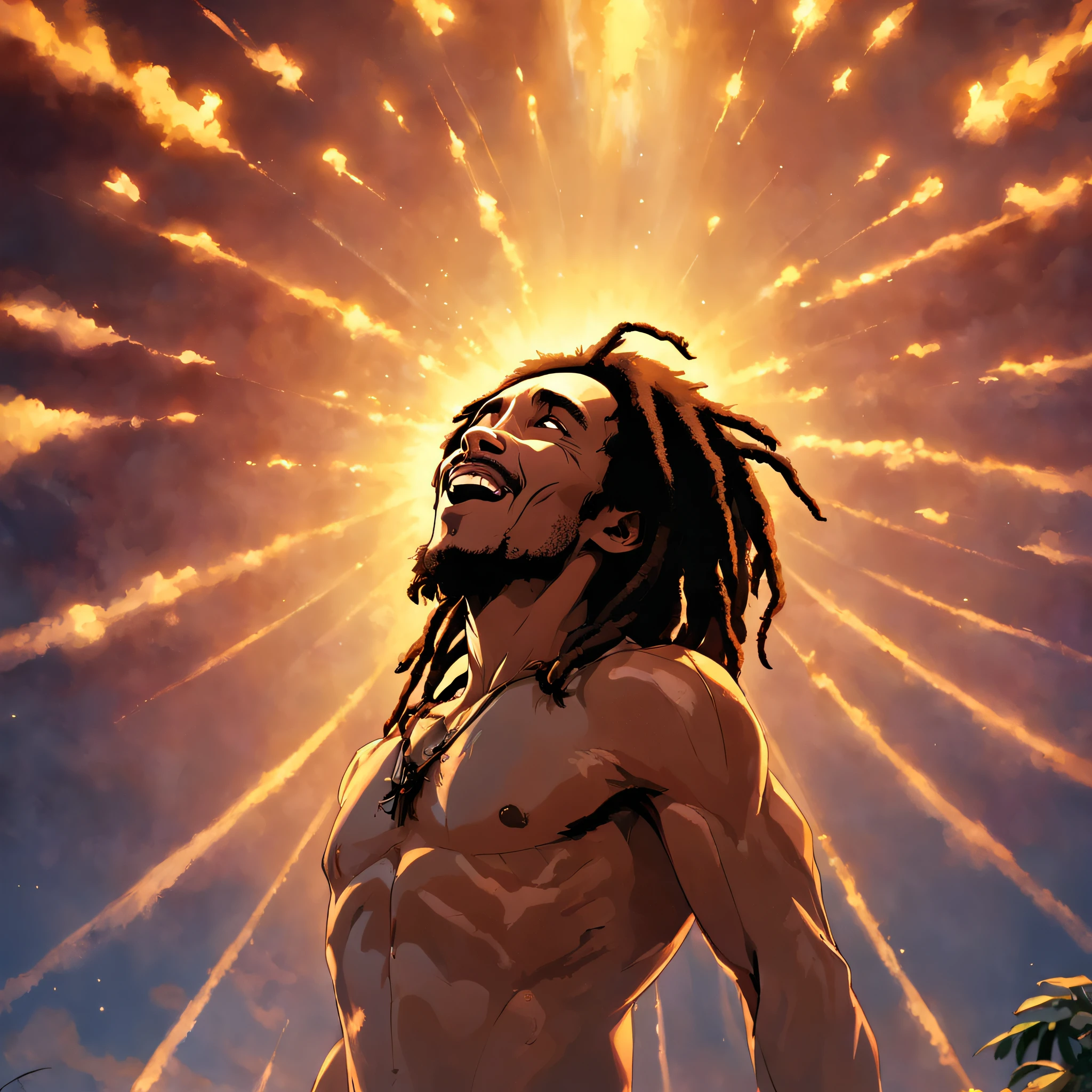 Bob Marley Obra-Prima, melhor qualidade, filme ainda, nuvem, floating into the sky, Close-up, brilhante, Feliz, Soft lighting and Warm, sun sunset, (Sparks: 0,7)