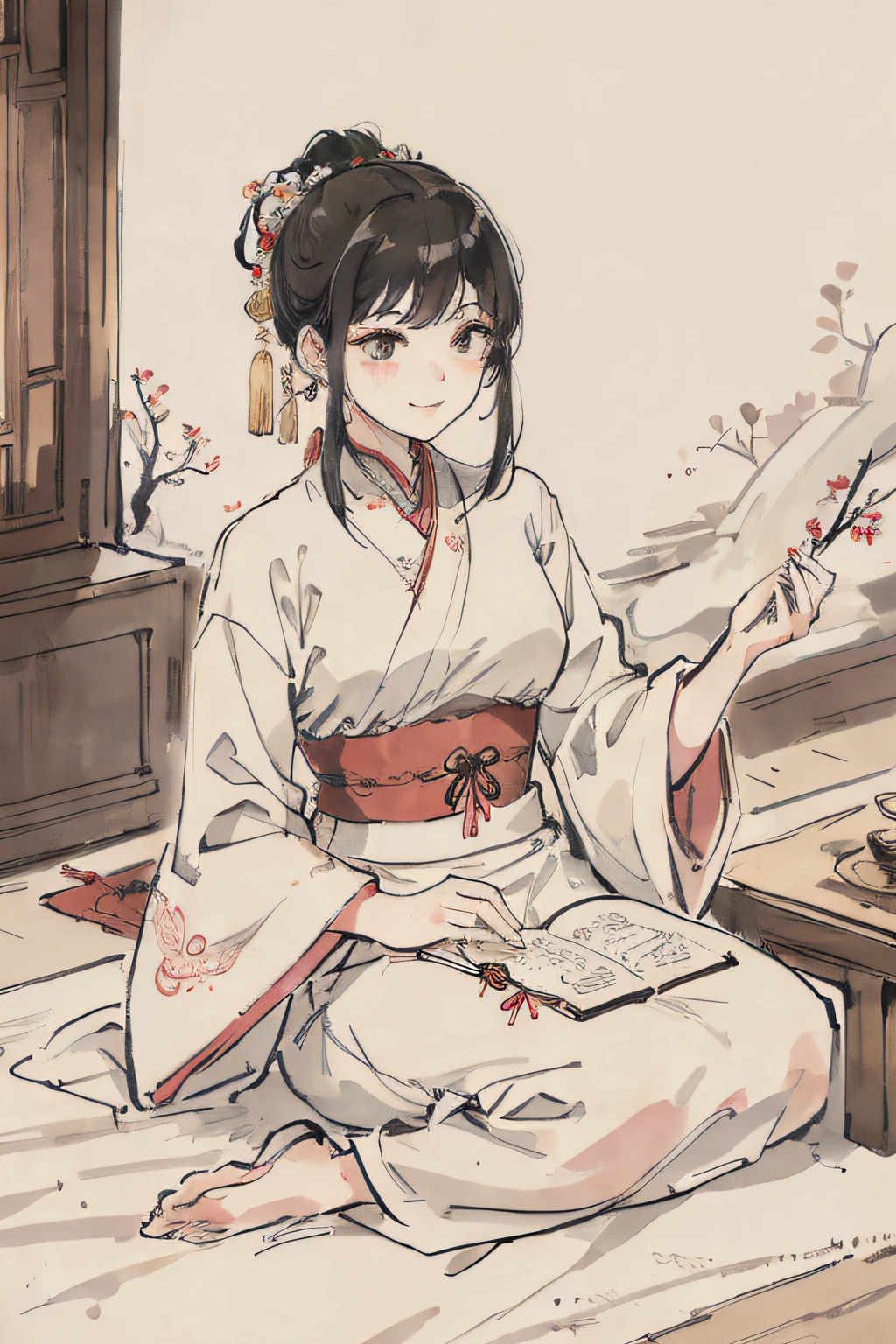 (tmasterpiece, Highest image quality:1.2), Classical Chinese ink style, Quiet and peaceful, Charming smile, Intoxicating woman, Gorgeous white Hanfu, Faucet pattern texture, Surrounded by mysterious Chinese dragons。