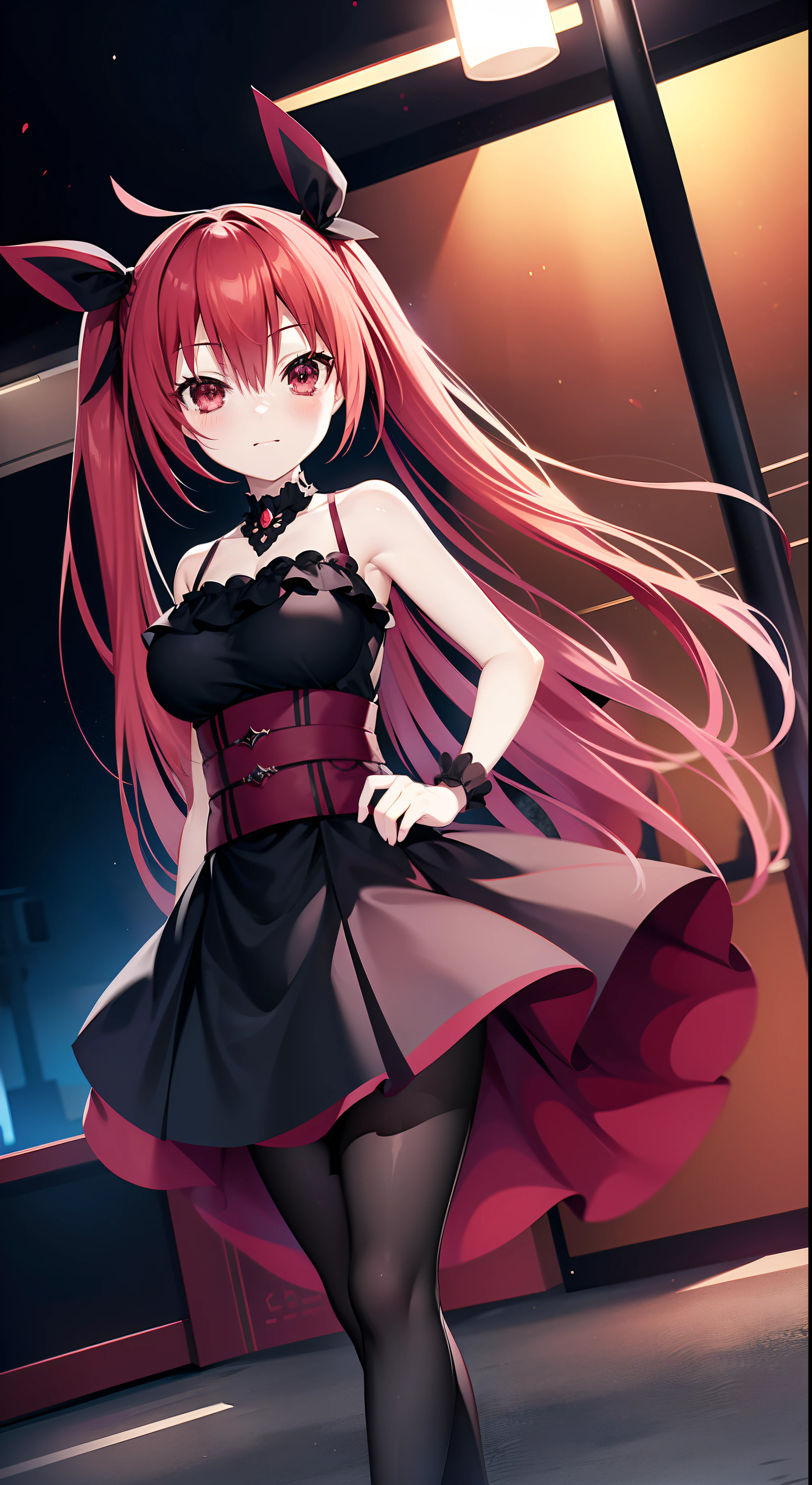 anime girl, lonely, red hair, big breasts, gothic dress, elegant black dress, black skirt, tights, heels, city, night, streetlights, lights, tokyo