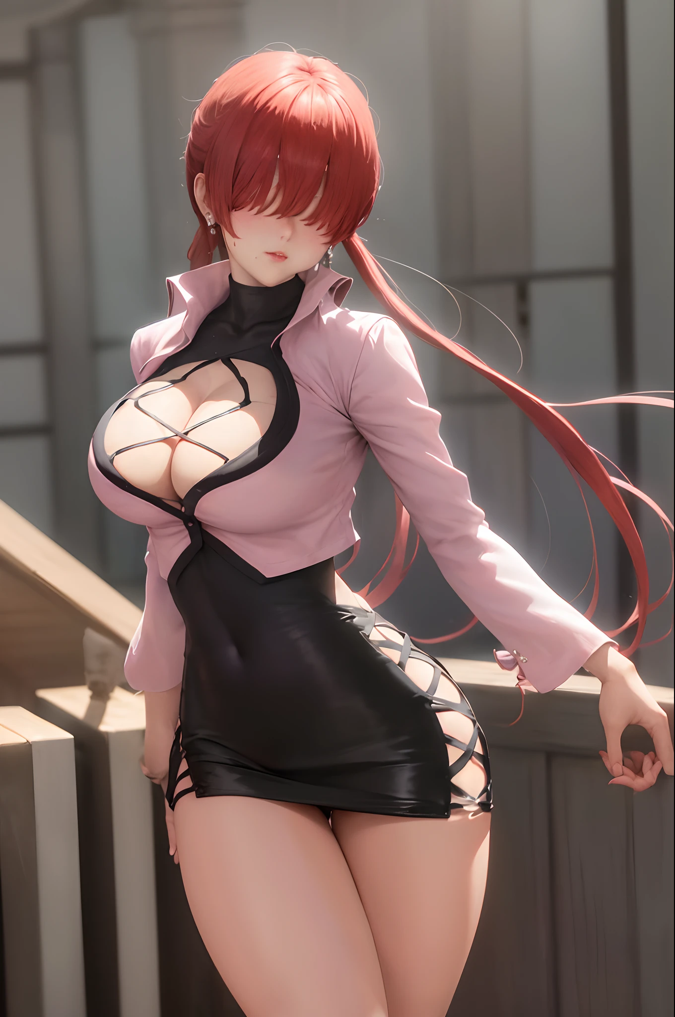 masterpiece, best quality, highres, she1, (hair over eyes:1.1), split ponytail, clothing cutout, earrings, jewelry, miniskirt, white skirt, leotard, pink jacket, long sleeves, cowboy shot, sexy pose, widehips, body,big breasts, hentai, (lipstick:0.8), victory posture, (sweating:1.2), lips,thicc thighs, arm up