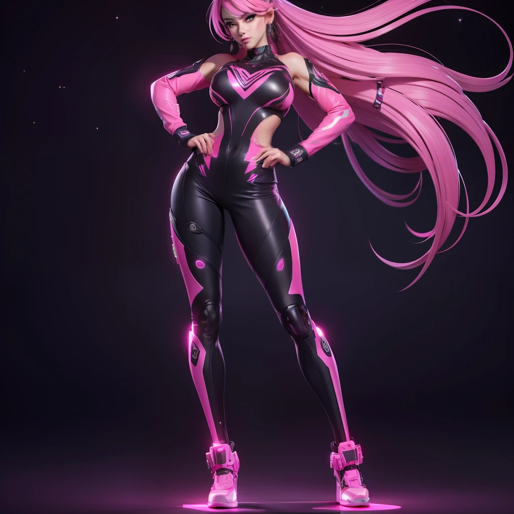 Cyborg beauty, a pretty girl, pretty face, pink theme, hippie clothes, black theme, sparkling pink, sparkling pictures, high quality pictures, full body pictures, pretty poses