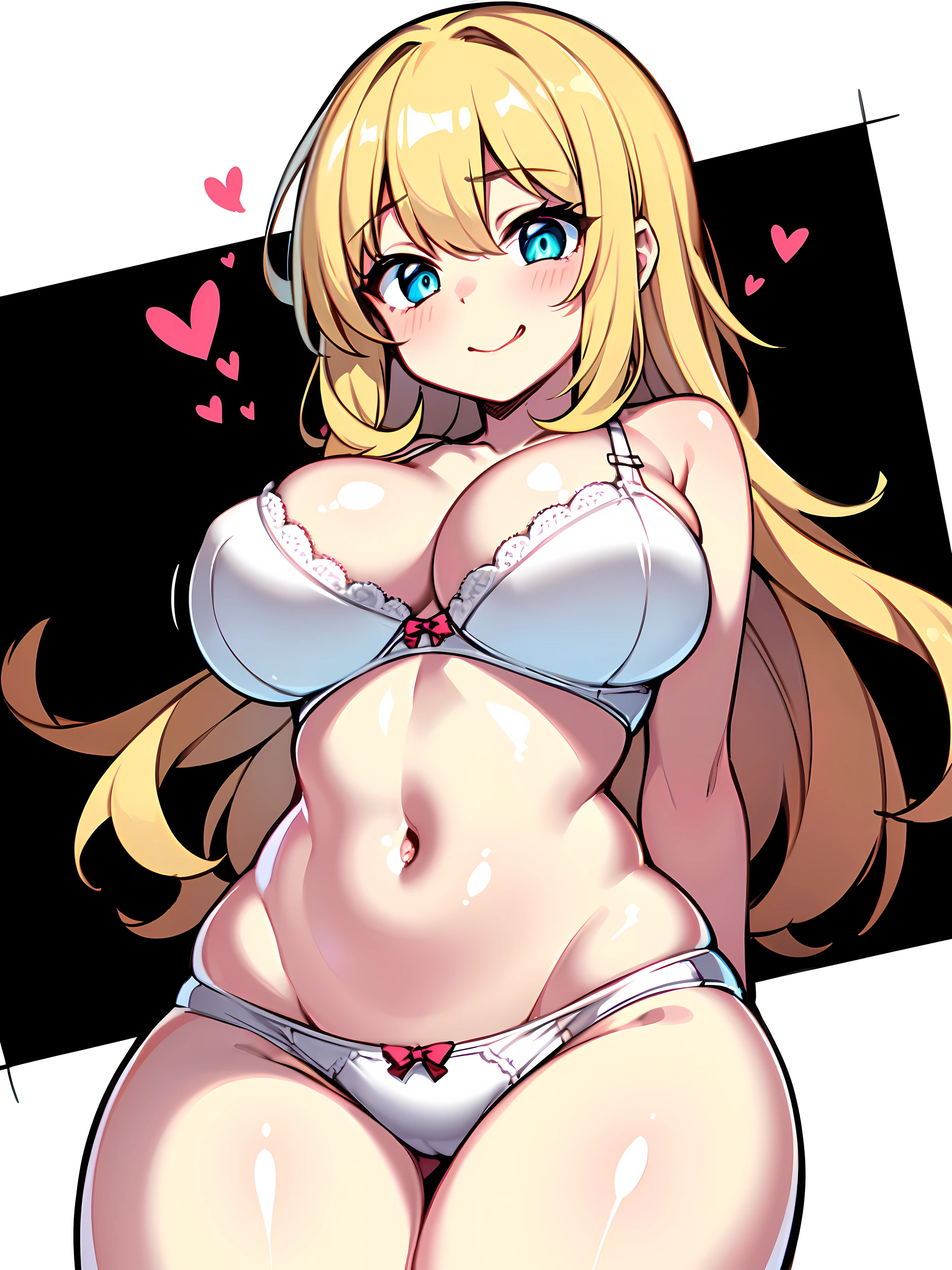 ((masterpiece)), ((best quality)), (dynamic pose nsfw), //, a cute girl, 1girl, solo, //, (SFW bra), underwear, //, beautiful Golden blonde hair, ((beautiful eyes)), white-skinned, Long curly hair, big breasts, Voluptuous body, //, blush, laughing, cowboy shot, gradation, //, heart monogram pattern of white background, //, shiny-glistening, shiny body, gleaming