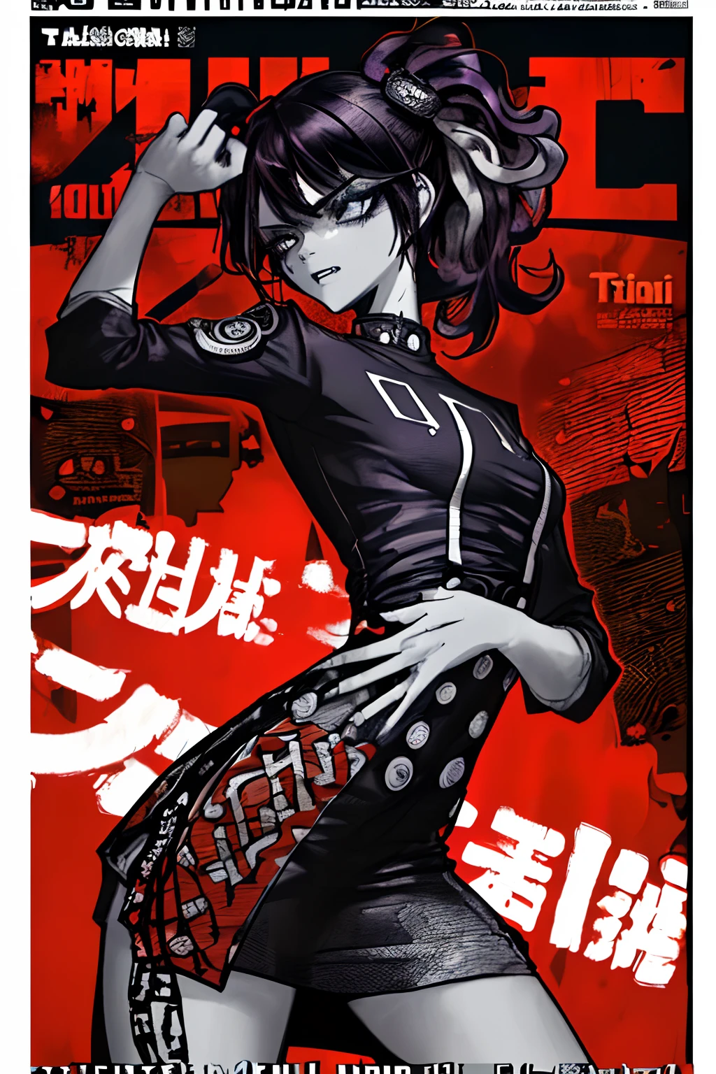 ((((dramatic))), (((gritty))), (((intense))) film poster featuring a young woman as the central character. She stands confidently in the center of the poster, wearing a stylish and edgy outfit, with a determined expression on her face. The background is dark and gritty, with a sense of danger and intensity. The text is bold and attention-grabbing, with a catchy tagline that adds to the overall feeling of drama and excitement. The color palette is mainly dark with splashes of vibrant colors, giving the poster a dynamic and visually striking appearance,tachi-e (magazine:1.3), (cover-style:1.3), fashionable, woman, vibrant, outfit, posing, front, colorful, dynamic, background, elements, confident, expression, holding, statement, accessory, majestic, coiled, around, touch, scene, text, cover, bold, attention-grabbing, title, stylish, font, catchy, headline, larger, striking, modern, trendy, focus, fashion,