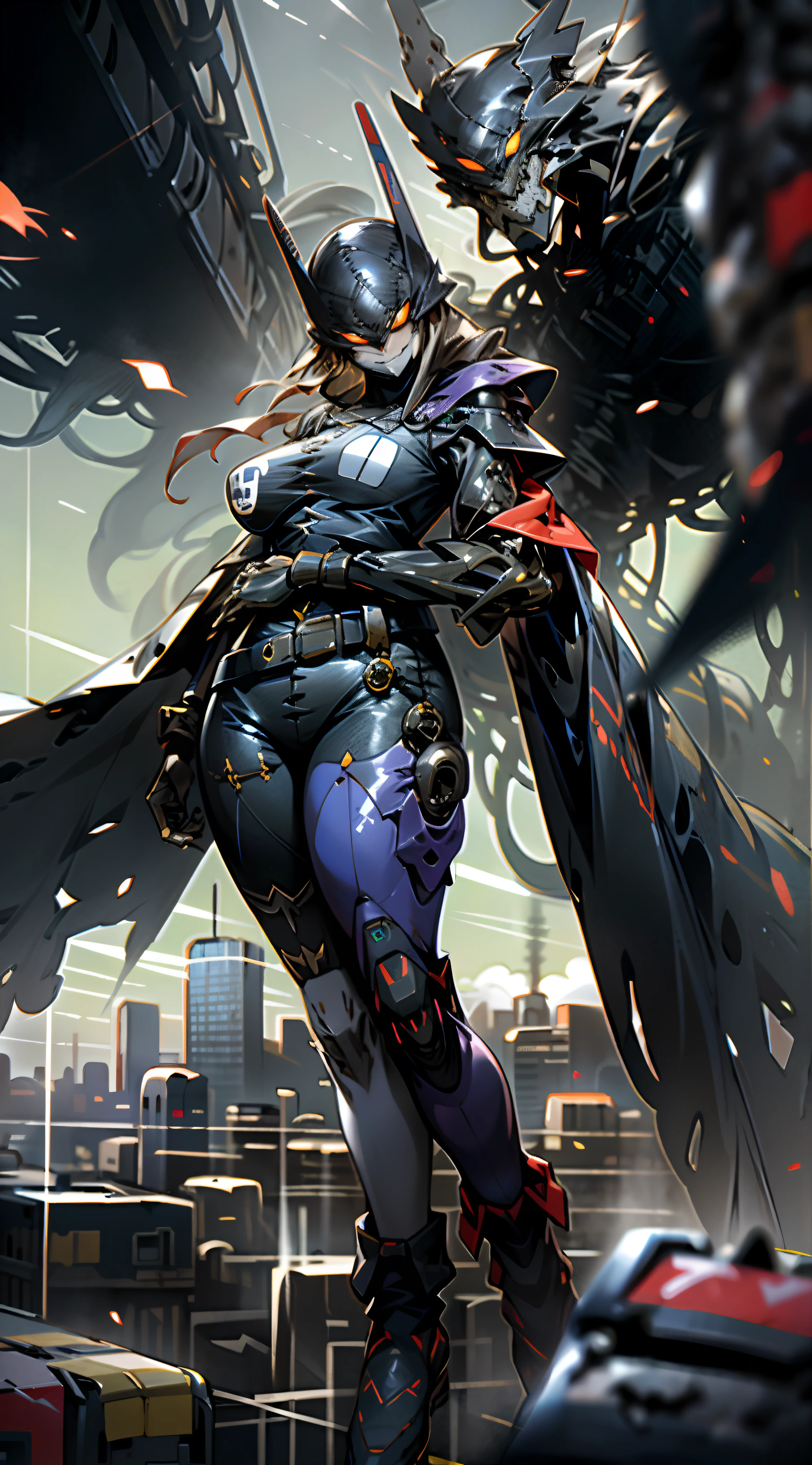 Mecha,Thick mech,Lots of detail,Mix and match,metalictexture,urban backdrop,Combat damage mech,Above the city,looking over city,Punch,Evil smile,Huge bust,nakeness,Large amounts of colored liquid,flying into the sky,Full body like