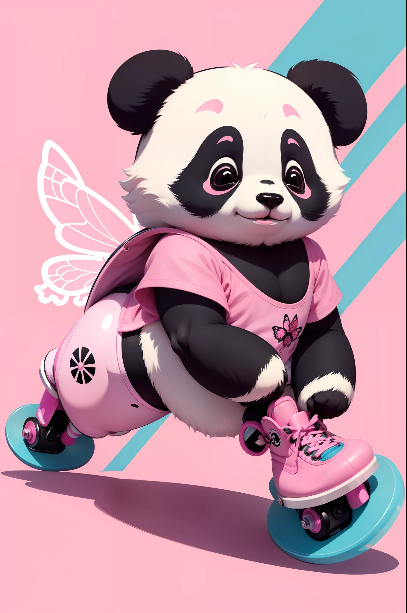 4K HD quality，hyper intricate details，A cute chubby little girl，Double bun and bangs，Wear a white panda hood，Very happy，Play roller skating，full body shot shot