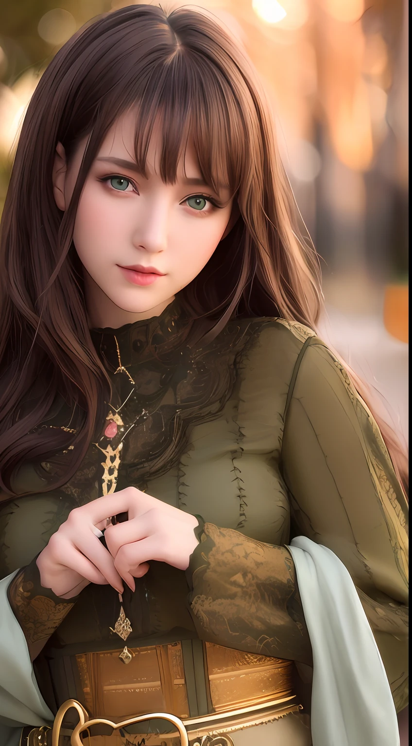 best quality, masterpiece, 1girl, Beautiful face, (green eyes), (brown hair), (photo realistic:1.3), rim lighting, (high detailed skin:1.2), 8k uhd, dslr, high quality, high resolution, 4k, 8k, Bokeh, absurdres, best ratio four finger and one thumb, (realistic:1.2), ulzzang, cute kawaii 1girl,