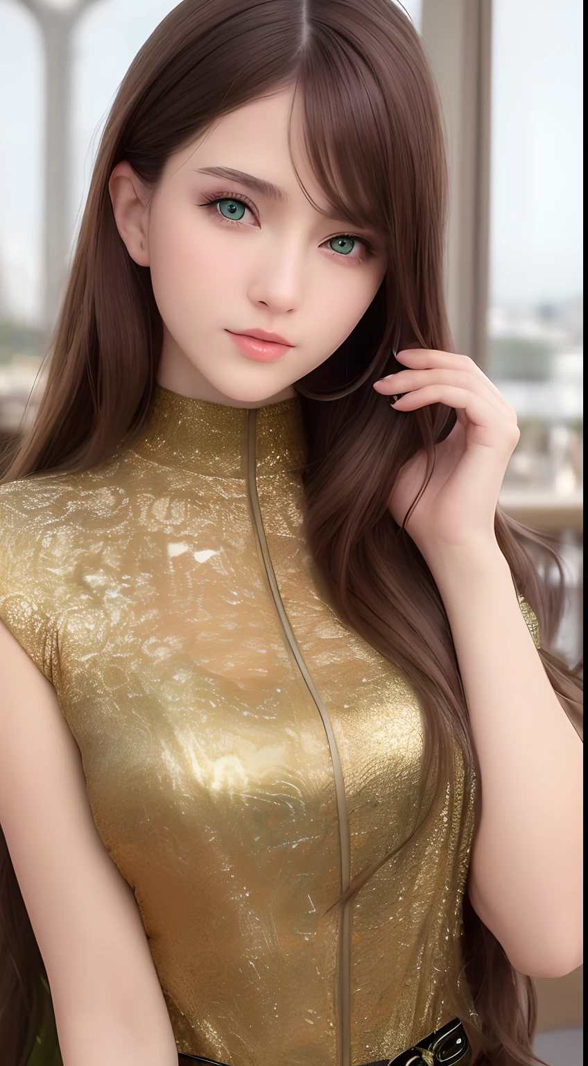 (8ก, Highest quality: 1.2), Extremely detailed, thorough resolution, (realistic, realistic photo: 1.37), Portrait, high definition RAW color photograph, professionally arrested, high definition and beautiful, high definition, 8ก Image wallpaper, Amazing details, Big file size, highly detailed beautiful girl, Extremely detailed face, (Finely defined super beautiful eyes:1.8), The nose has a precise shape., expressive lips,(grand maison, seaside restaurant background:1.2) , one story, cute girl, realistic、 (Cinematic scene,Fantasy Art,Best Quality,High quality,High Definition,high quality texture,high detailing,Beautiful detailed,fine detailed,extremely details CG,Detailed texture,realistic representation of face,masutepiece,presence,Dynamic,Bold),1gir,Ultra detailed skin,Curve,(coverd nipple:0.8),Beautiful breasts,small breasts,pale skin,pointed breast,Erect nipples,(Ultra Thin hair),(Ultra Soft hair),(ultra straight hair),Swept long bangs,very light coppery amber hair,Hair over one eye,very skinny body,smart abs,(sexy chinese dress:1.5),